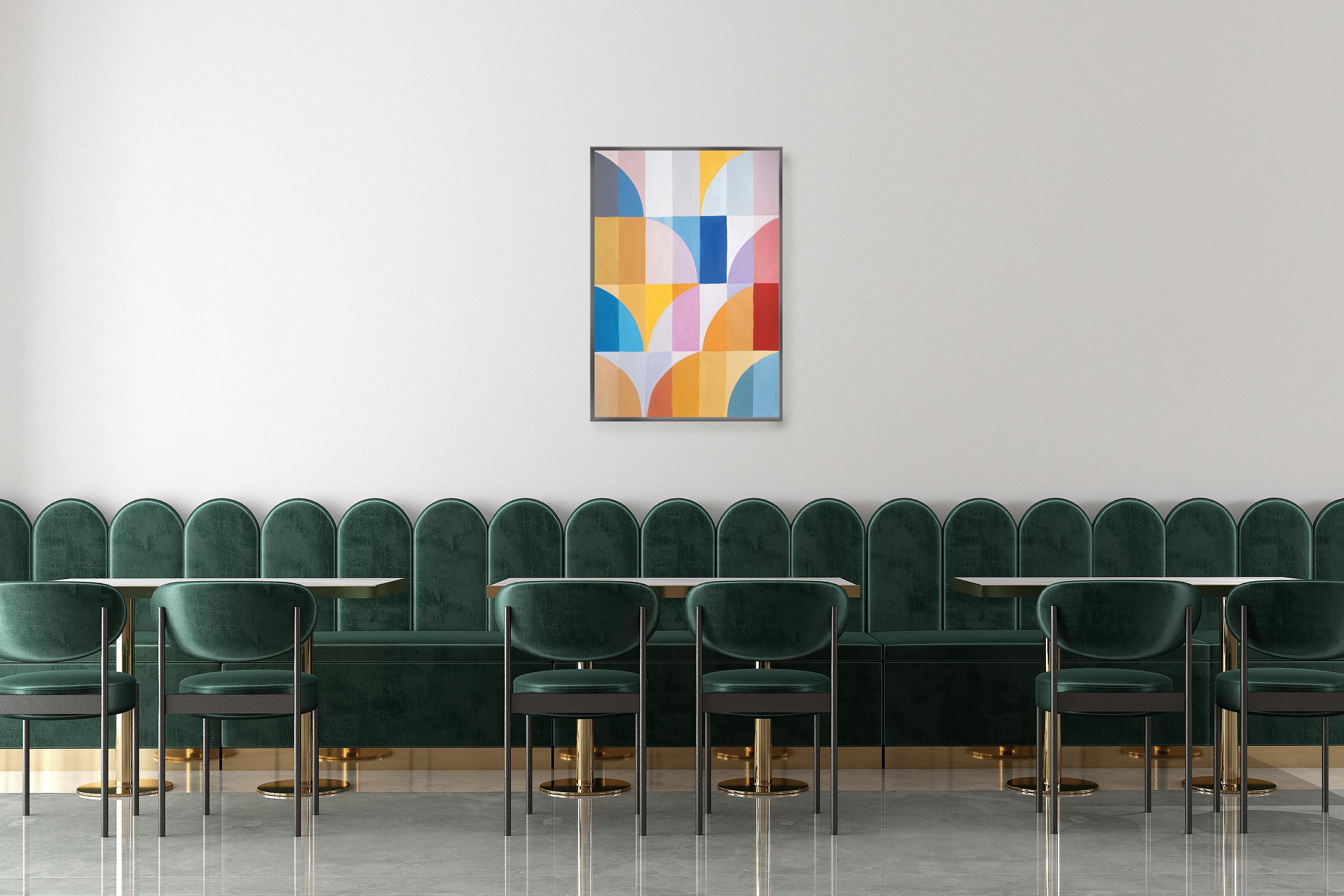 Esta serie de pinturas geométricas abstractas de Natalia Roman se inspira en las elegantes cuadrículas y curvas de la arquitectura Bauhaus, al tiempo que explora variaciones de colores vivos y brillantes. Los arcos y curvas, meticulosamente