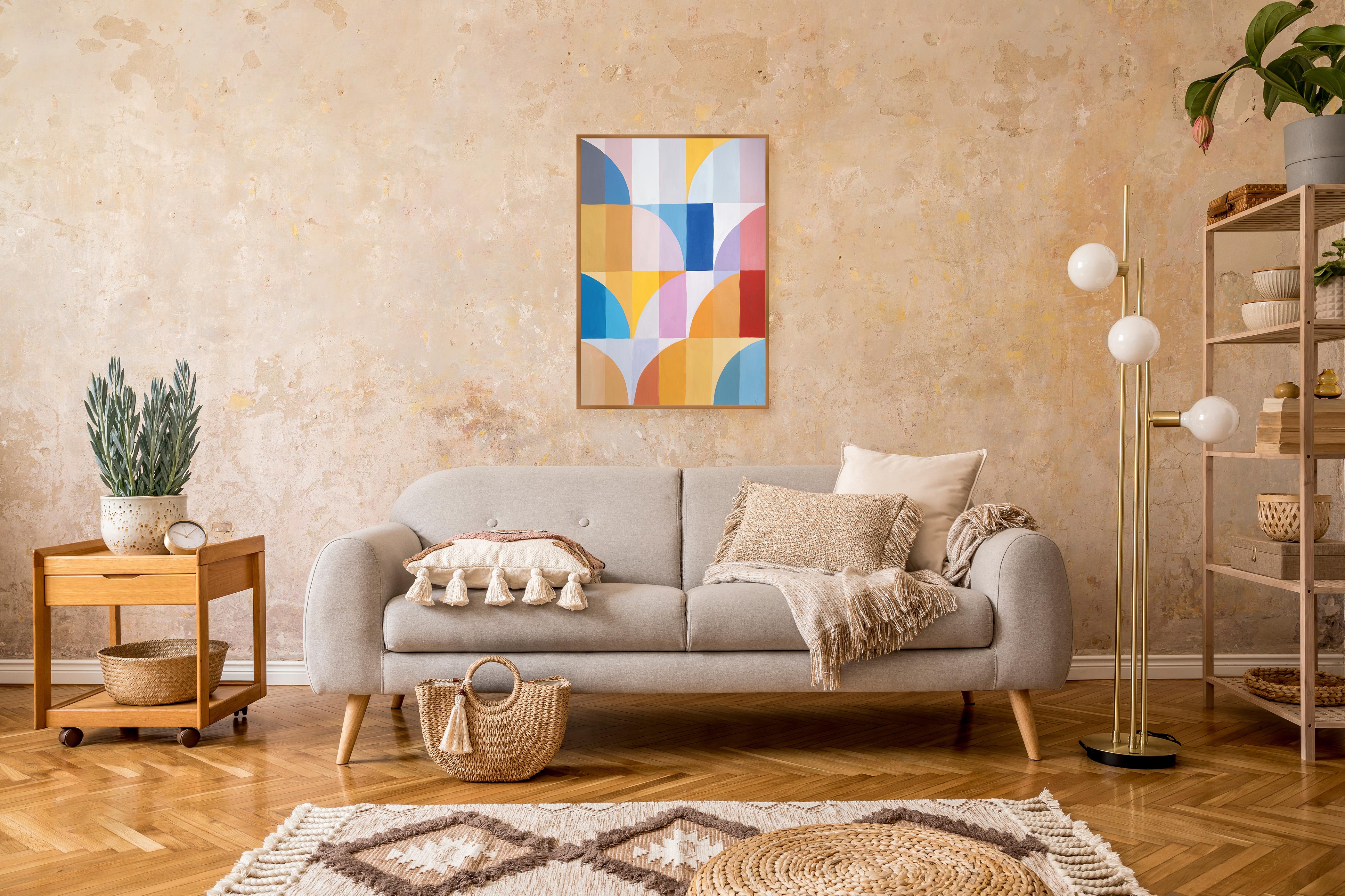 Cielo de finales de verano, Pintura Bauhaus, Arcos y curvas, Pastel amarillo cálido, Papel en venta 2