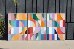 Late Summer Vision, Bauhaus Triptych Painting, Primary Vivid Tones, Modern Grid