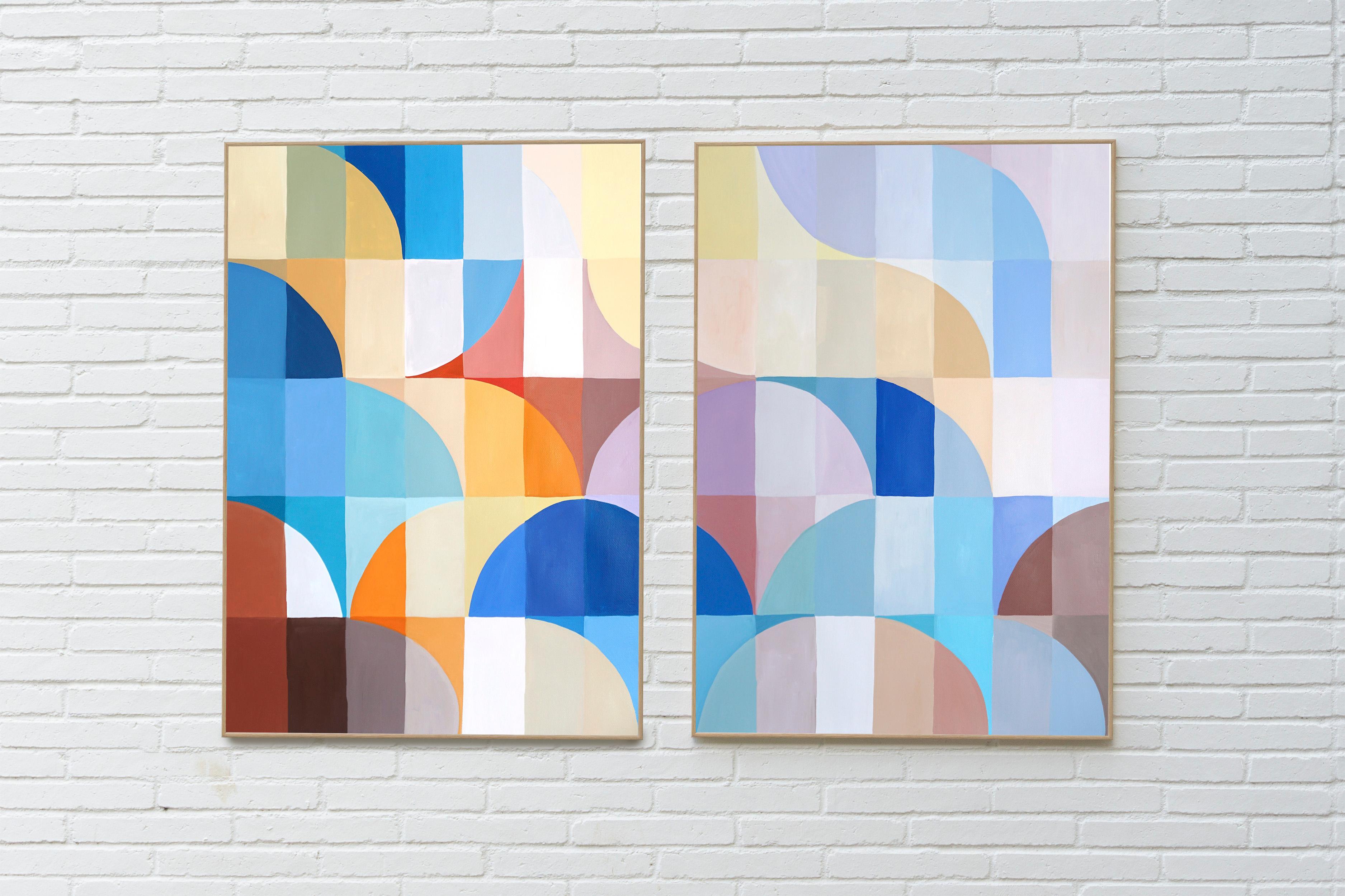 Crepuscolo di fine inverno, dittico Bauhaus dai toni pastello, archi e curve, geometria - Painting di Natalia Roman