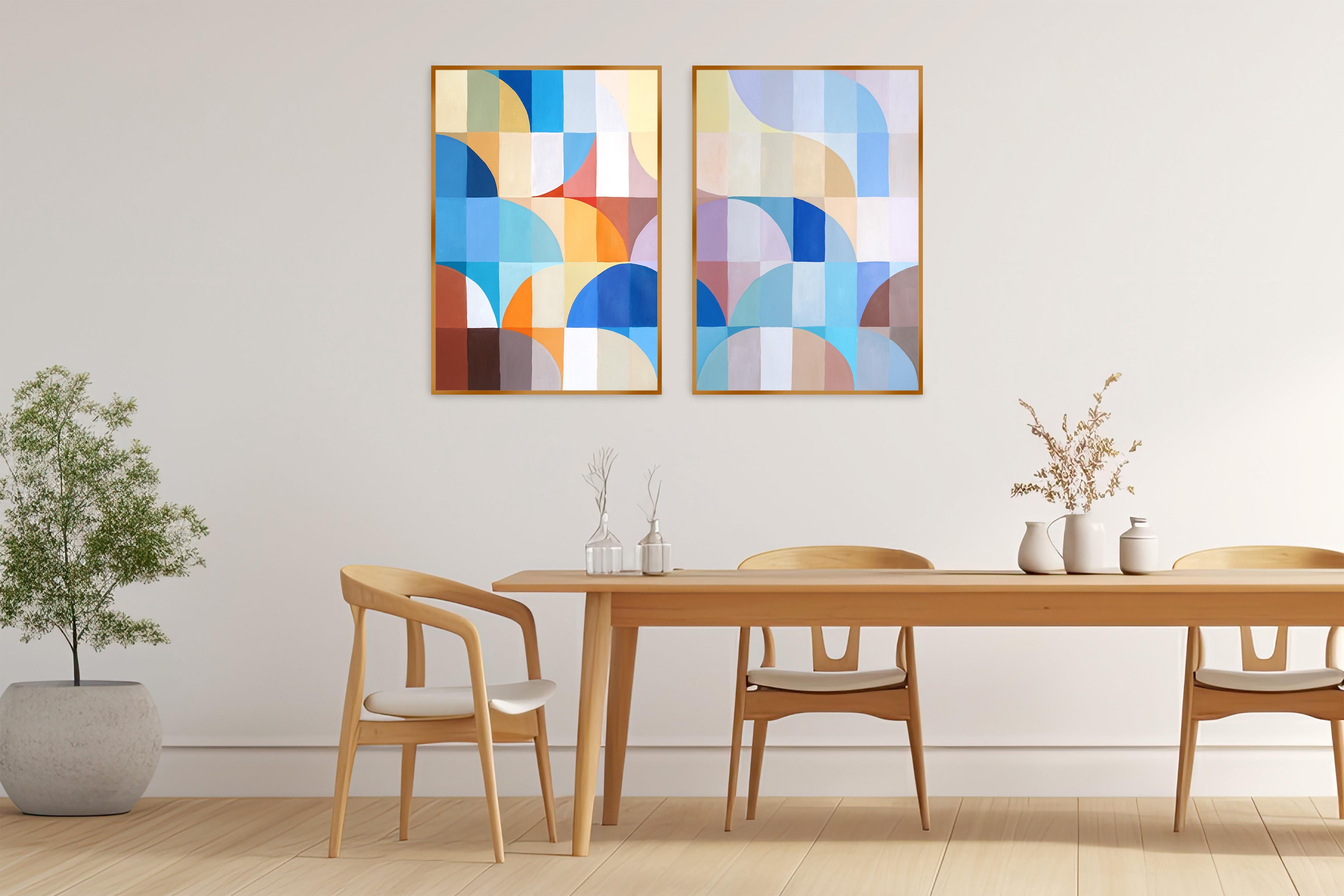 Crepuscolo di fine inverno, dittico Bauhaus dai toni pastello, archi e curve, geometria - Painting Cubismo sintetico di Natalia Roman