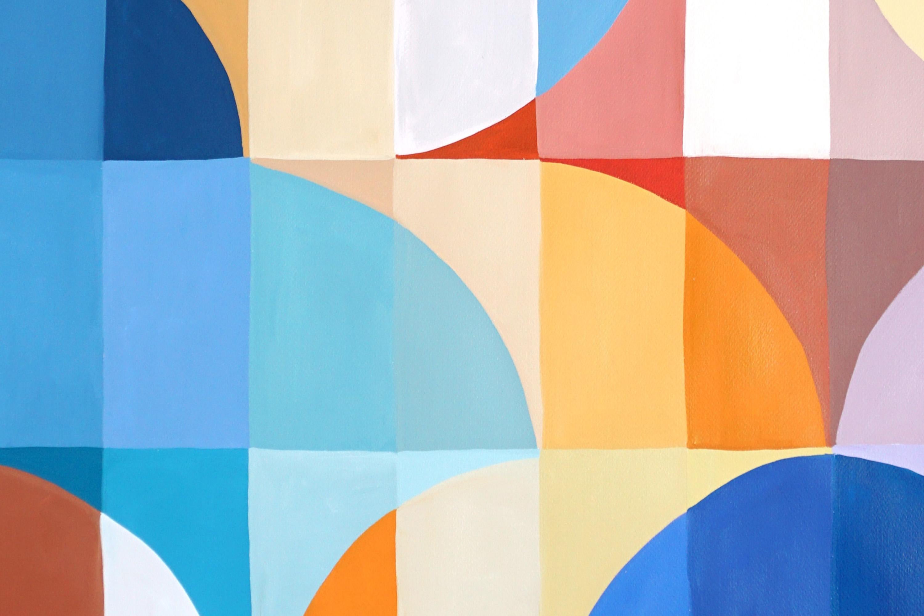 Questo vivace dipinto di reminiscenze Bauhaus celebra i colori audaci, le forme geometriche e l'eleganza architettonica del movimento Bauhaus. Questa accattivante opera d'arte combina composizioni dinamiche con un tocco contemporaneo, intrecciando
