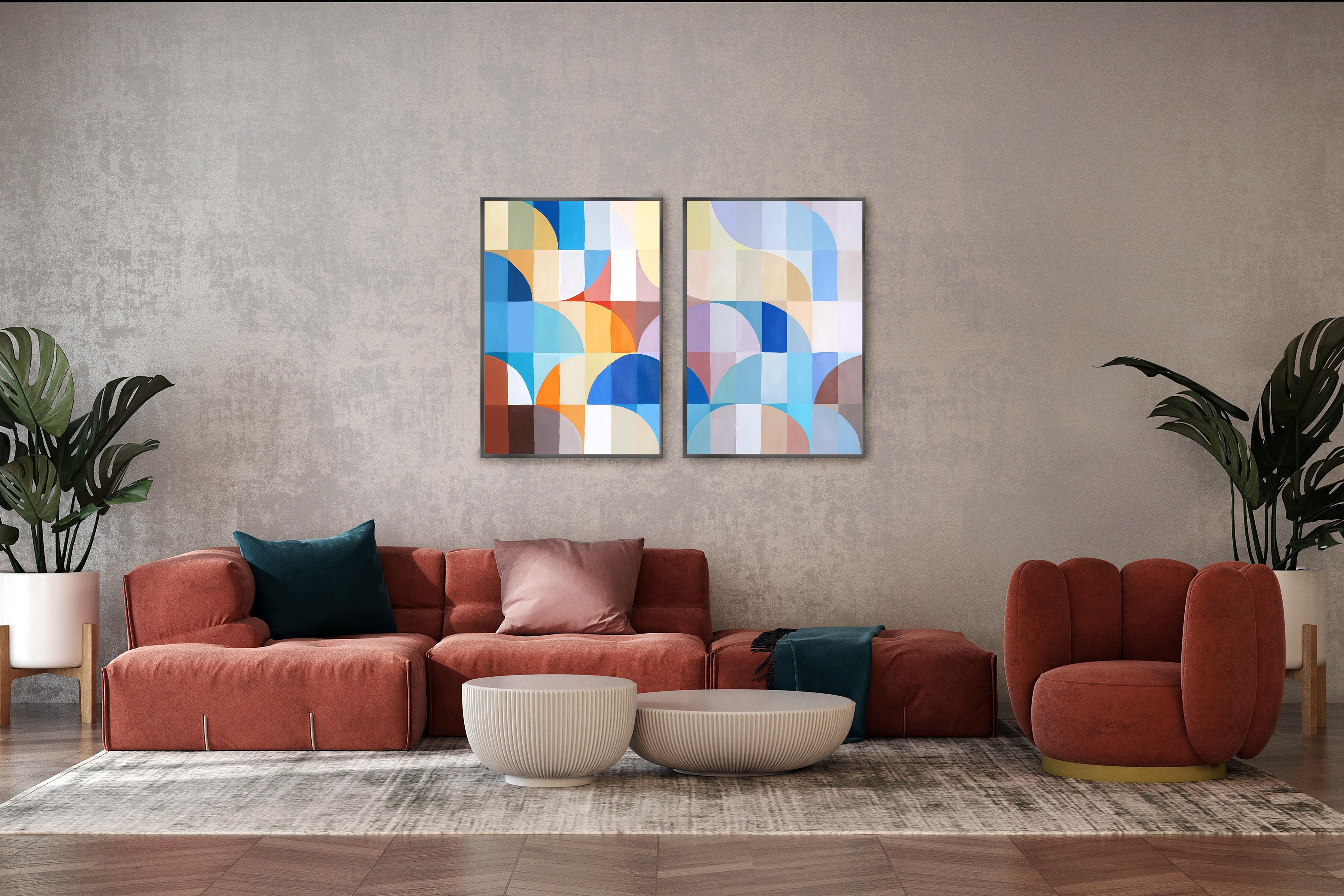 Crepuscolo di fine inverno, dittico Bauhaus dai toni pastello, archi e curve, geometria 2