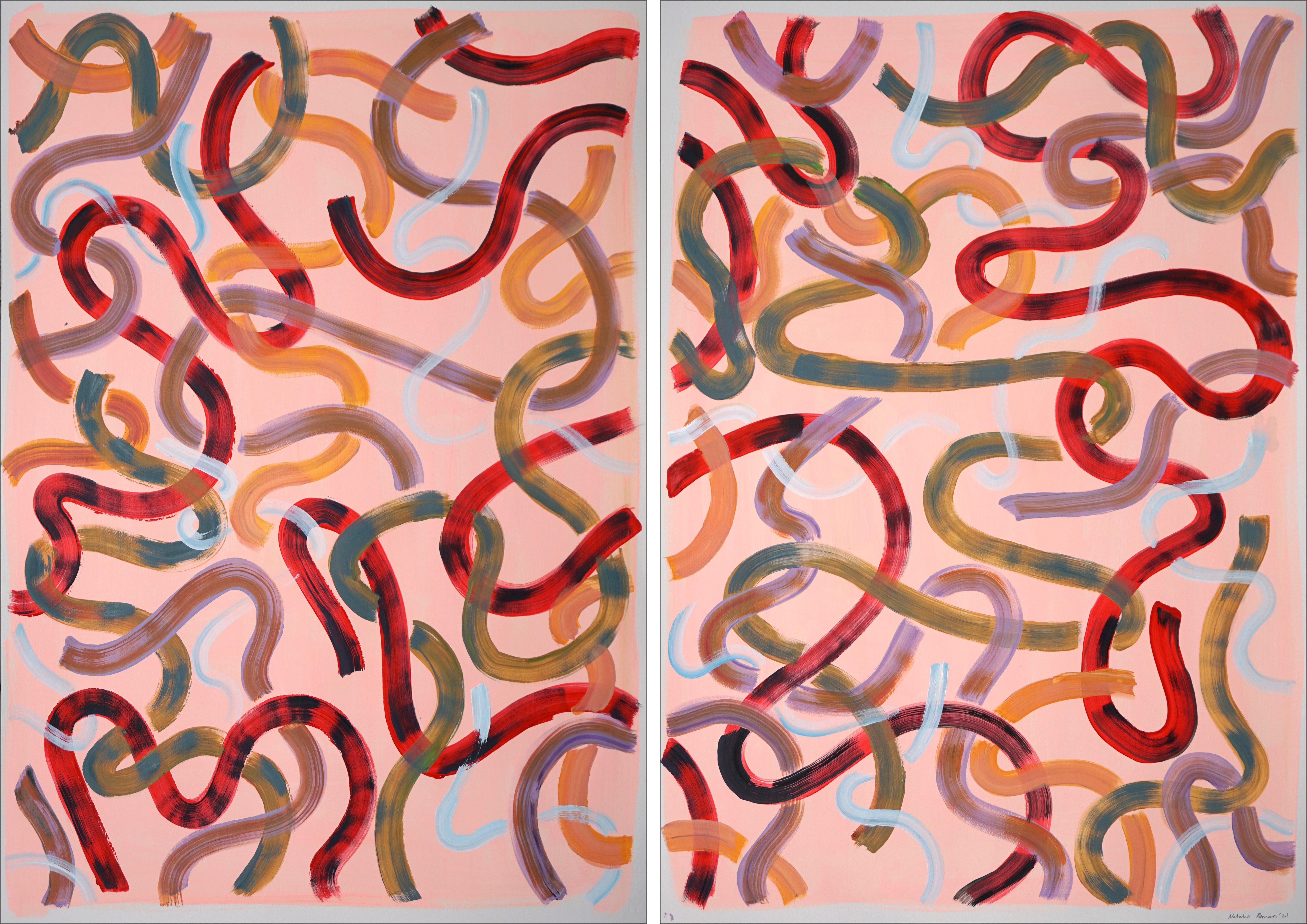 Light Peach Baroque Movements, Pastel Brushstrokes, Earth Tones Large Diptych 