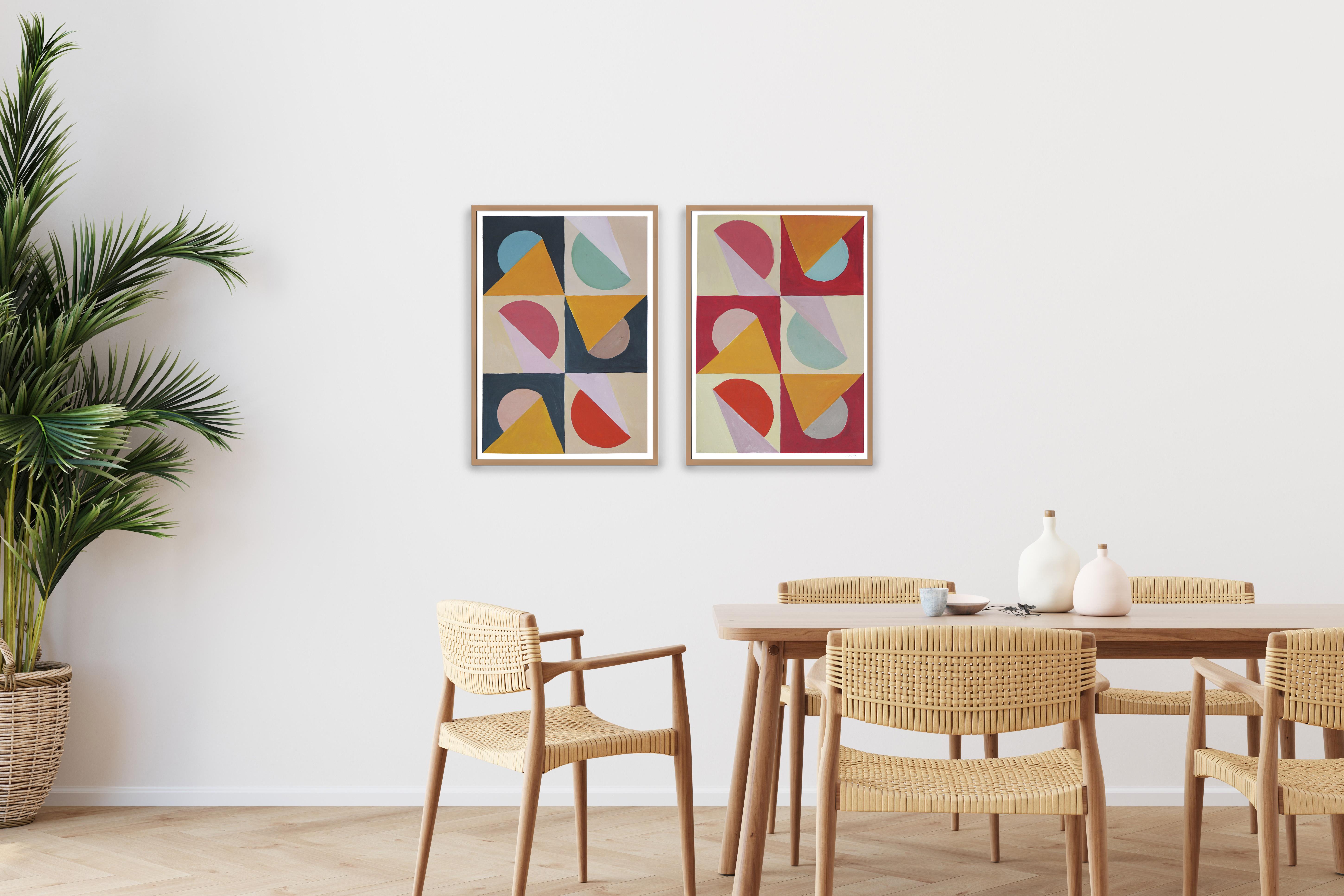 Linienstudie für Kanten und Kurven, Duo von Art-Déco-Schirmen, Palette Rouge – Painting von Natalia Roman