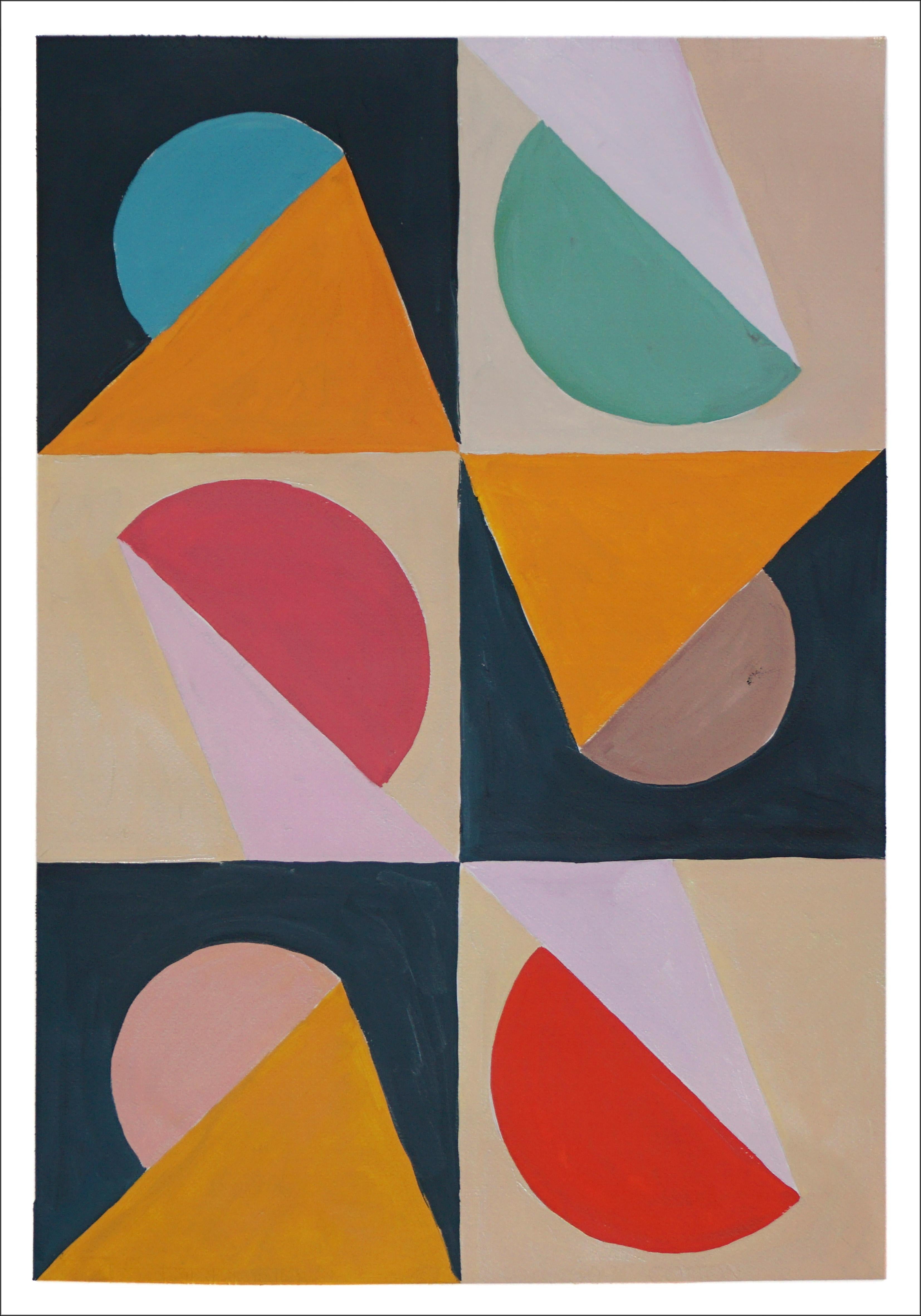 Linienstudie für Kanten und Kurven, Duo von Art-Déco-Schirmen, Palette Rouge (Geometrische Abstraktion), Painting, von Natalia Roman