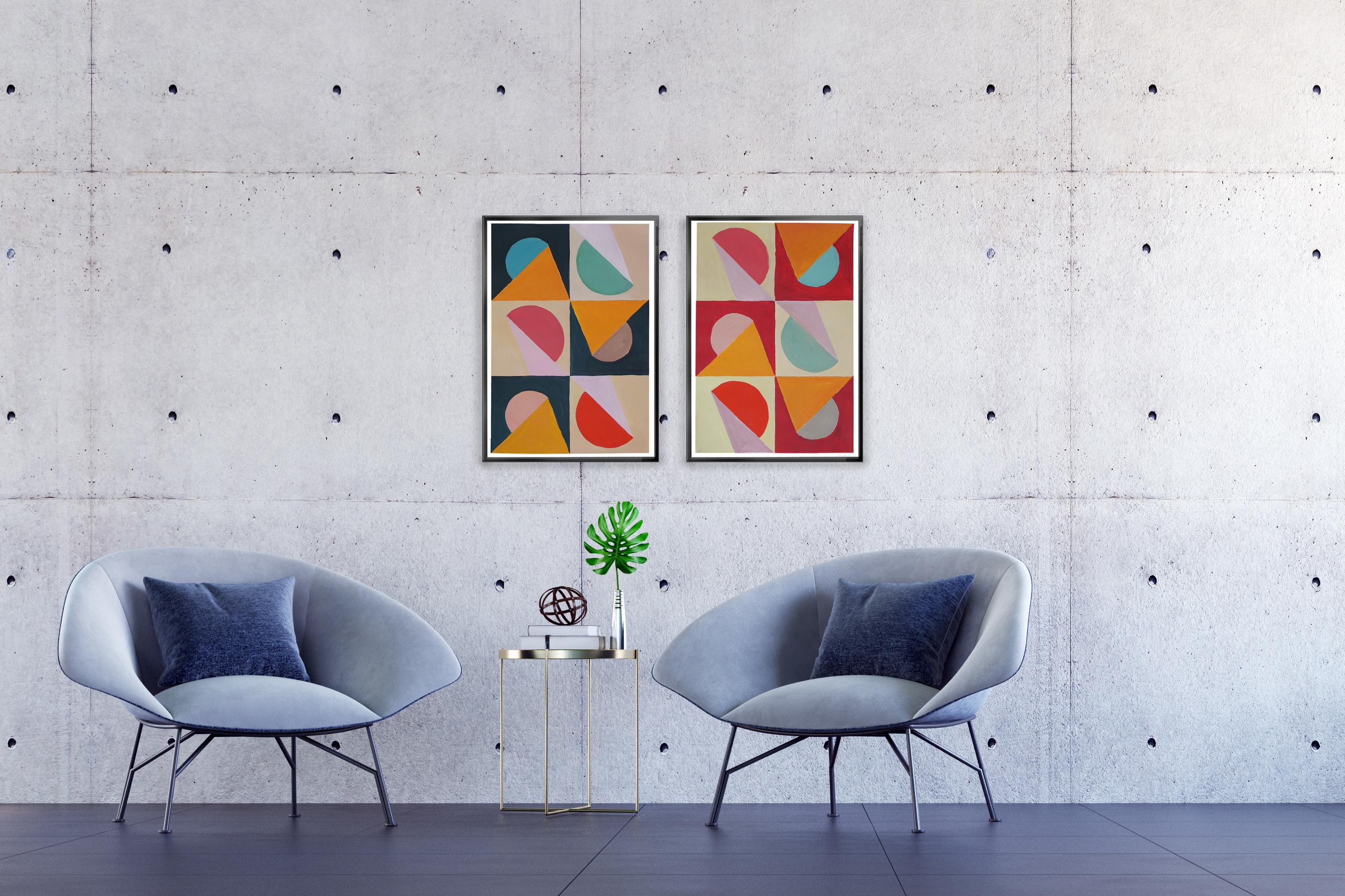 Line Study For Angles and Curves, Duo of Art Deco Shapes, Pastel Palette Rouge - Abstract Geometric Painting by Natalia Roman