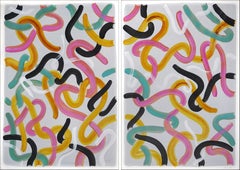 Lively Thick Gestures on Gray, Pastel Pink & Green Organic Brushstrokes Diptych