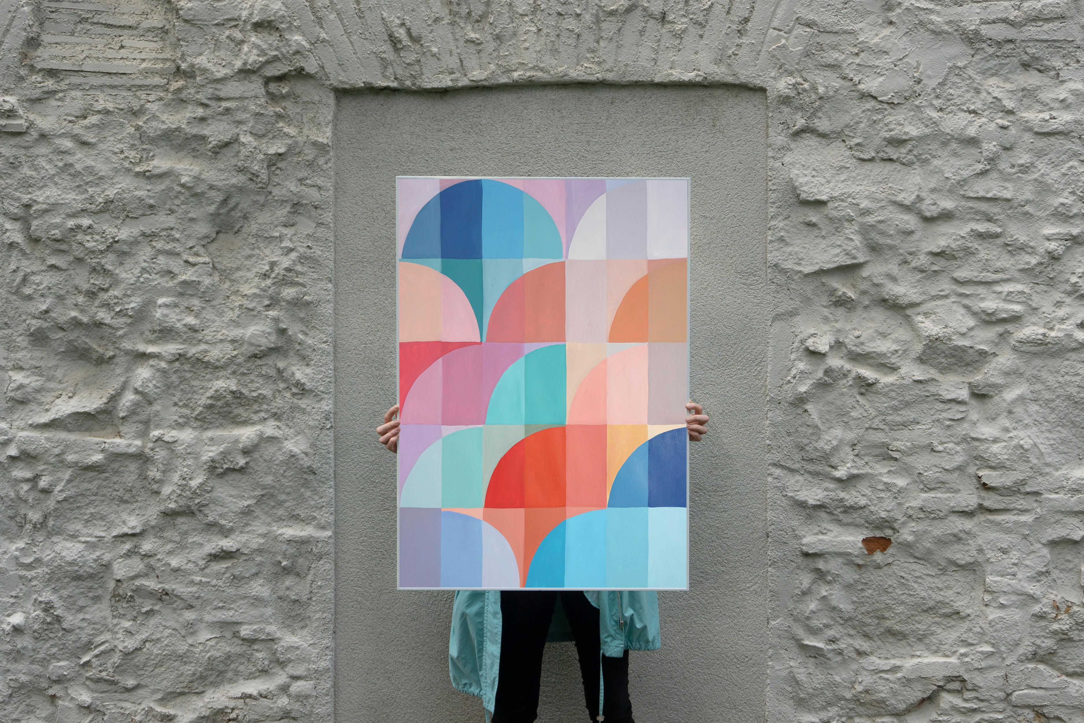 Mauve and Turquoise Arches, Bauhaus Organic Geometry, Pastel Vivid Tones Hue - Painting by Natalia Roman