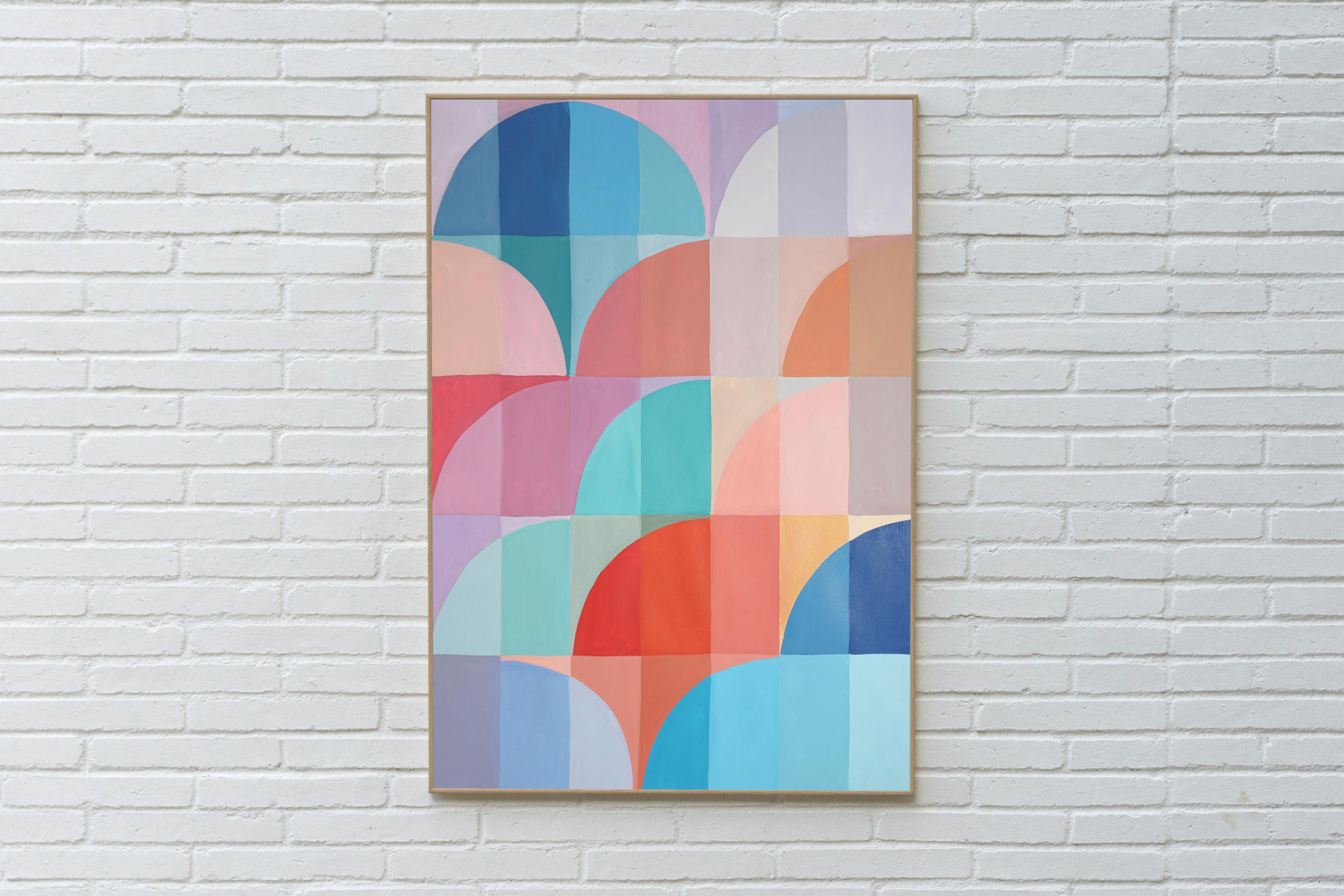 Mauve and Turquoise Arches, Bauhaus Organic Geometry, Pastel Vivid Tones Hue - Contemporary Painting by Natalia Roman