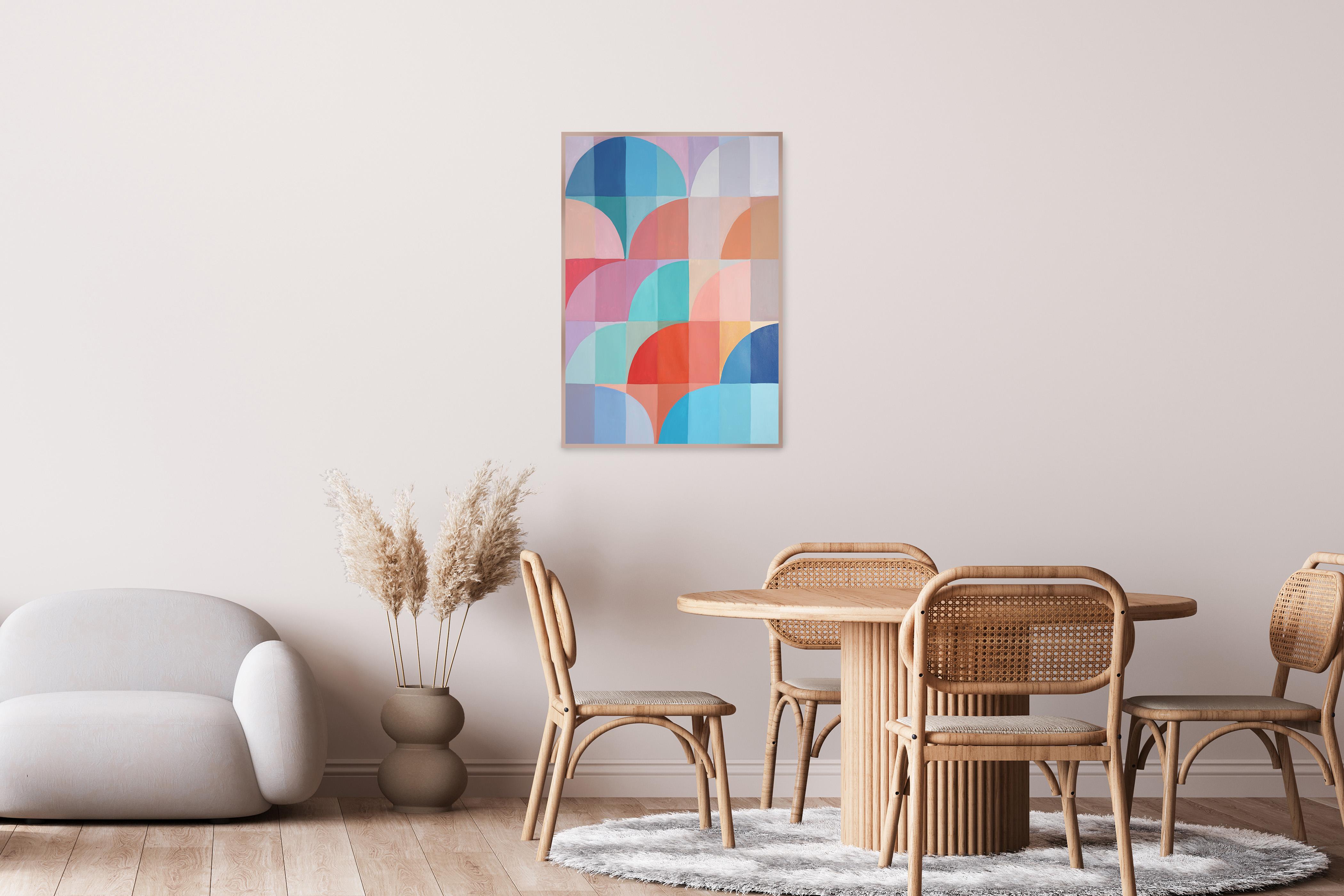 Mauve and Turquoise Arches by Natalia Roman channels the spirit of Bauhaus with a modern sensibility, balancing geometry, symmetry, and refined color interaction. This composition is structured through intersecting arcs and gridded forms, where soft