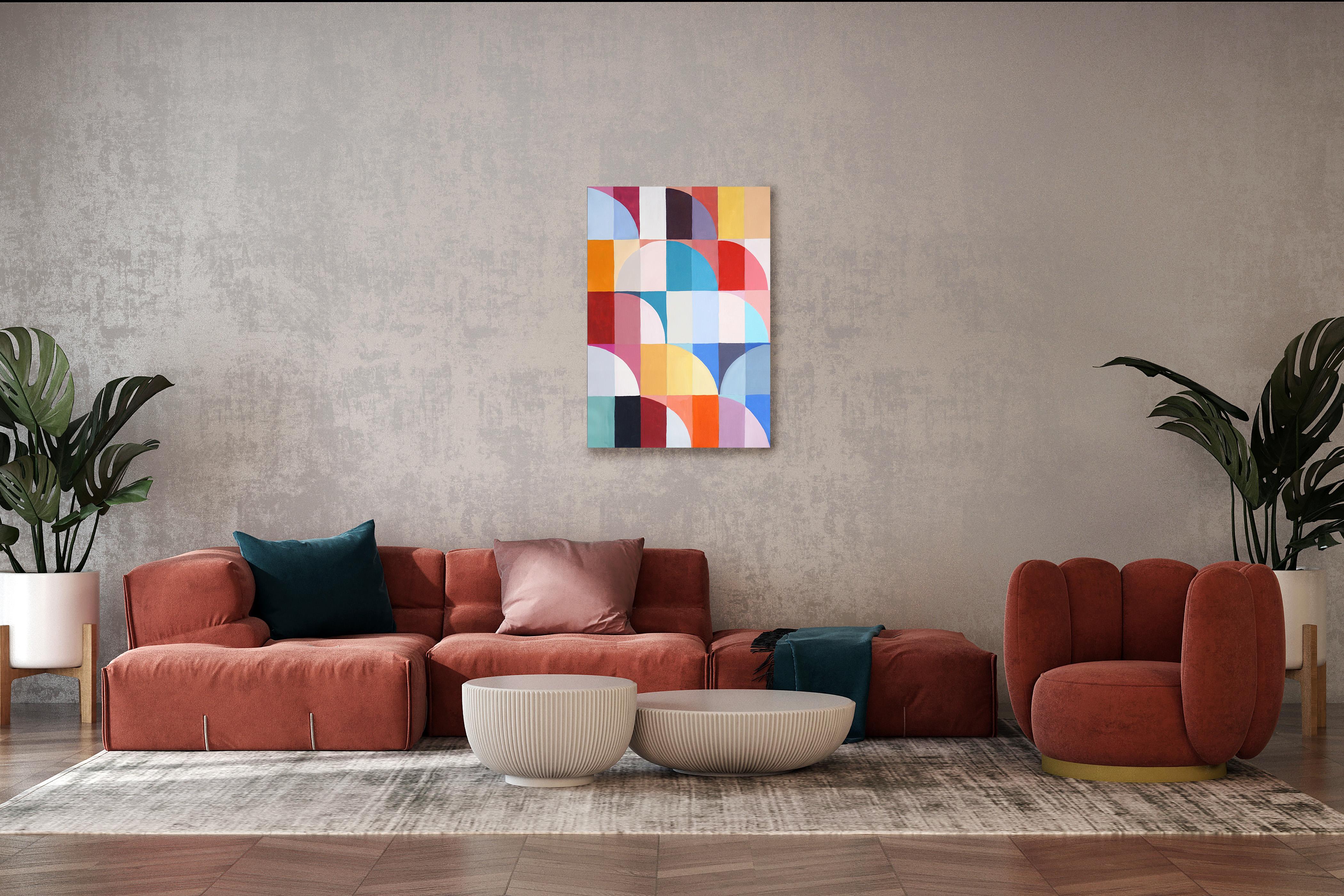 Malva por la tarde, motivos geométricos abstractos Bauhaus sobre lienzo, tonos vivos - Painting de Natalia Roman