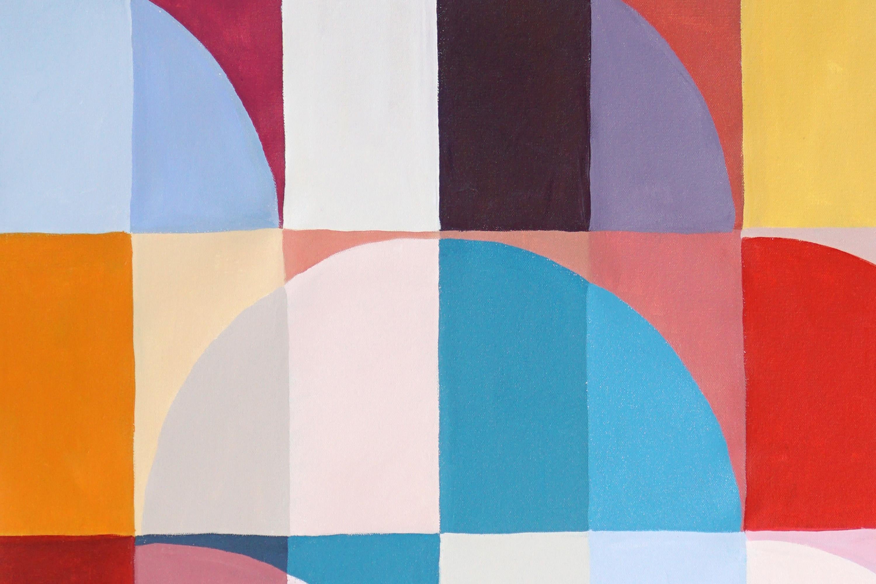 Malva por la tarde, motivos geométricos abstractos Bauhaus sobre lienzo, tonos vivos - Painting Contemporáneo de Natalia Roman