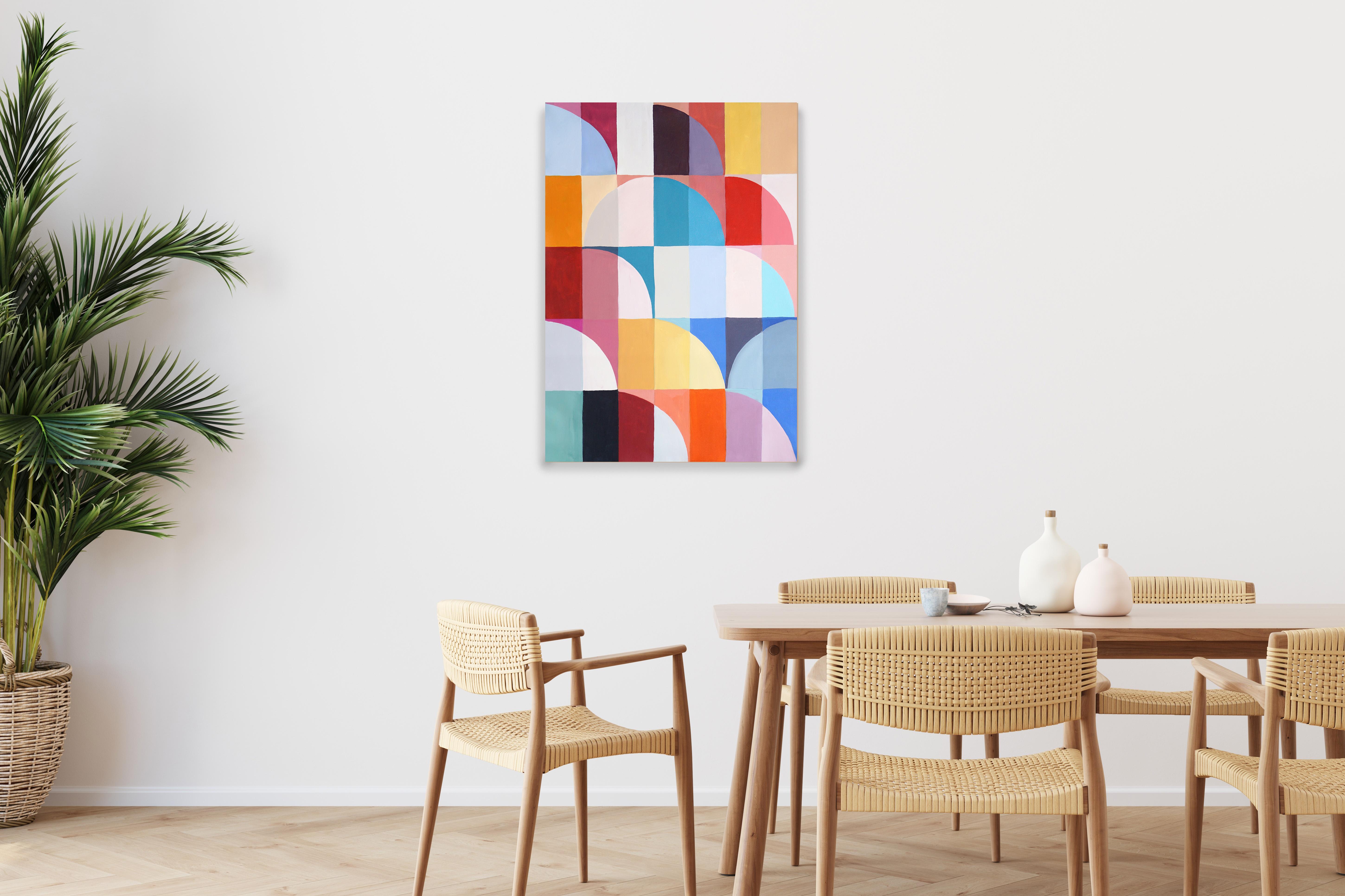 Malva por la tarde, motivos geométricos abstractos Bauhaus sobre lienzo, tonos vivos - Abstract Painting Gris de Natalia Roman