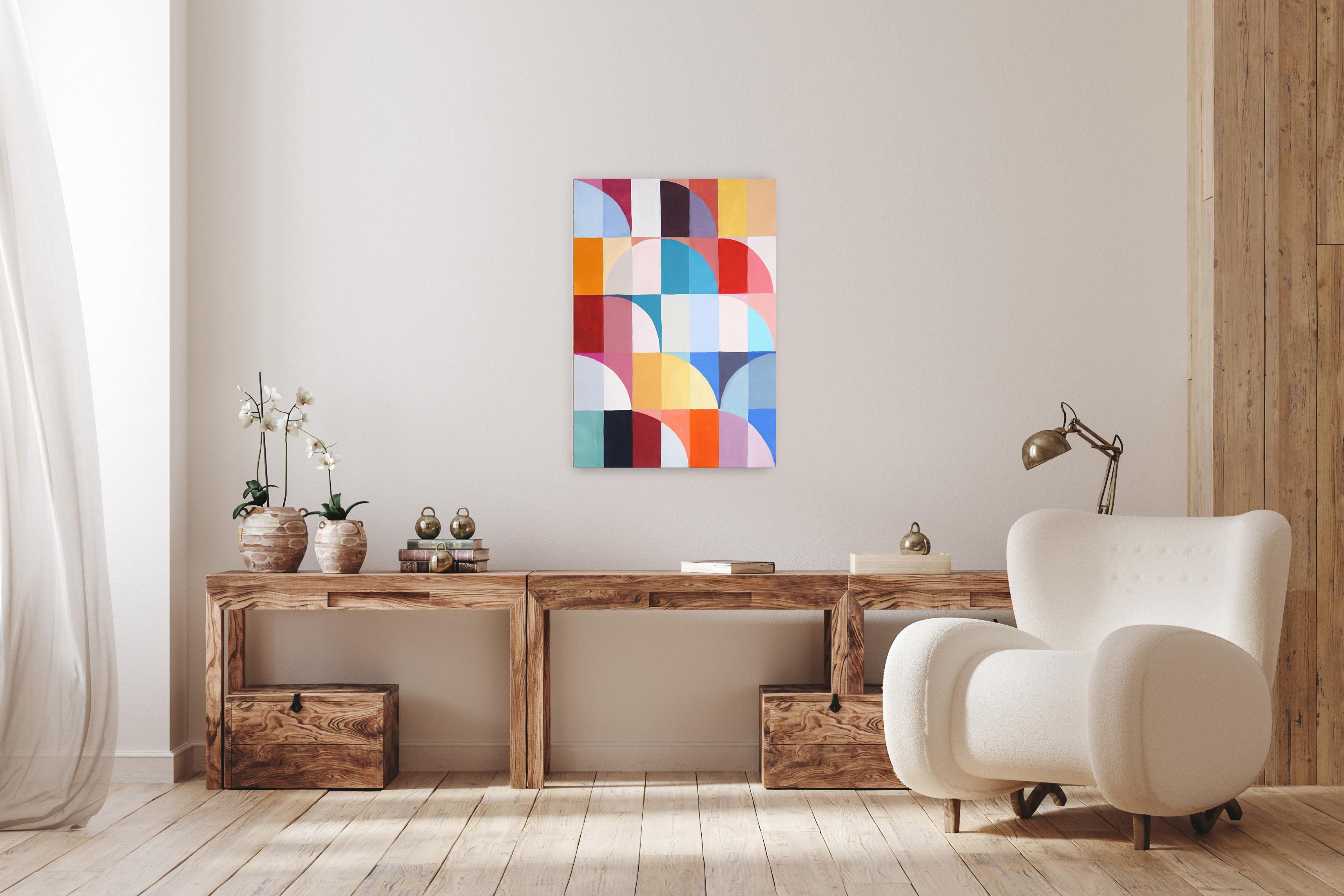 Malva por la tarde, motivos geométricos abstractos Bauhaus sobre lienzo, tonos vivos en venta 1
