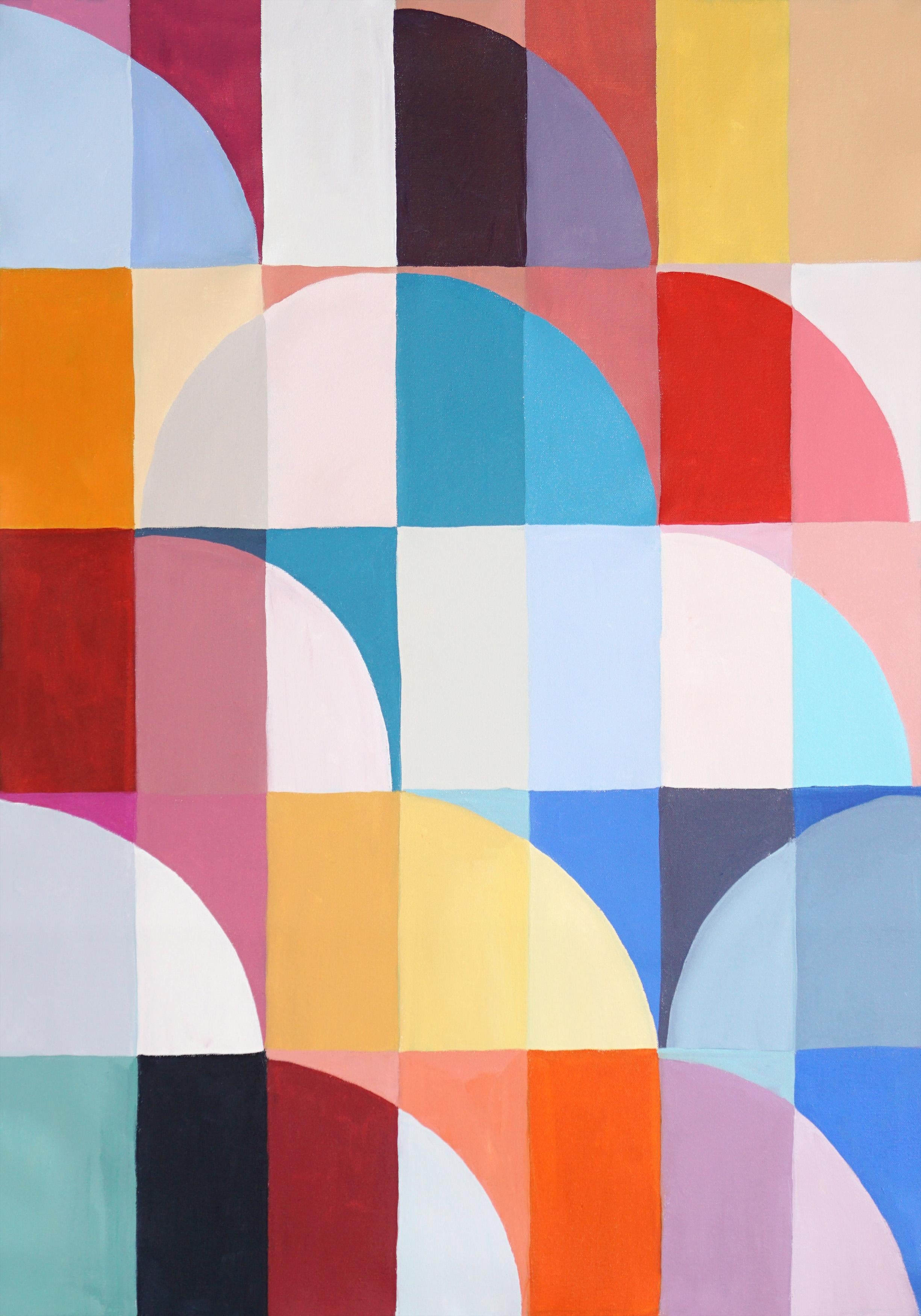 Abstract Painting de Natalia Roman - Malva por la tarde, motivos geométricos abstractos Bauhaus sobre lienzo, tonos vivos