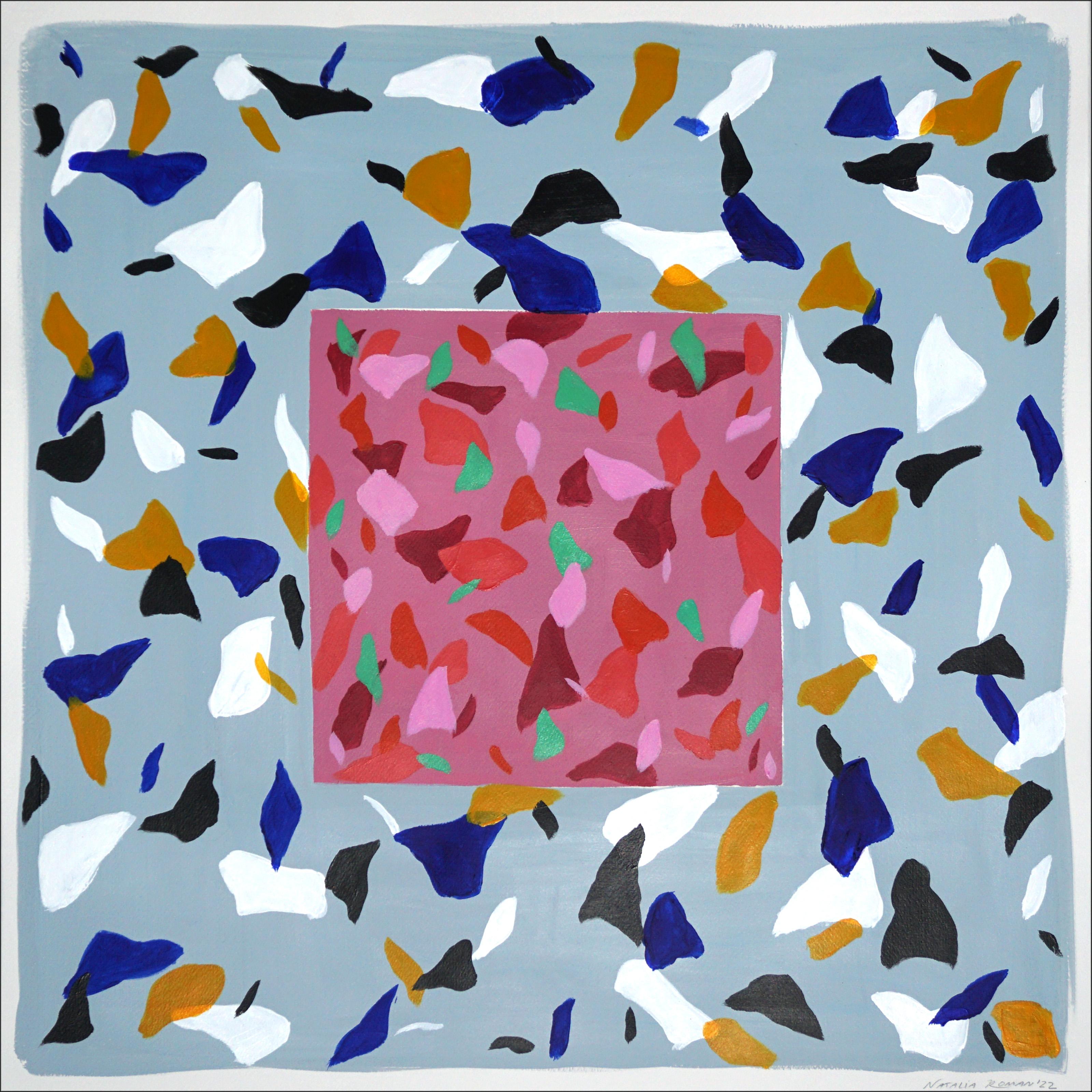 Mauvefarbene Camouflage auf Schiefer, quadratische Terrazzo-Fliesen in Rosa und Orange