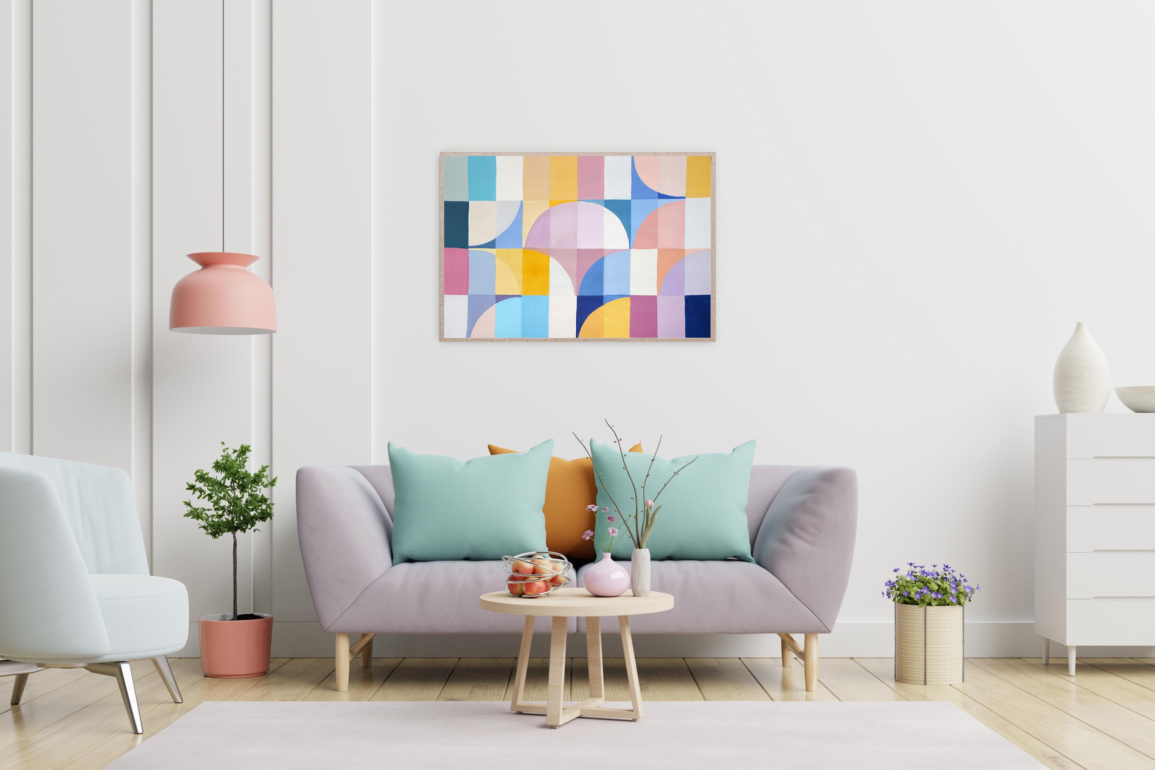 Mauve Tulip, Bauhaus Arches Patterns, Pastel Tones Architecture Harmony, Paper - Beige Landscape Painting by Natalia Roman