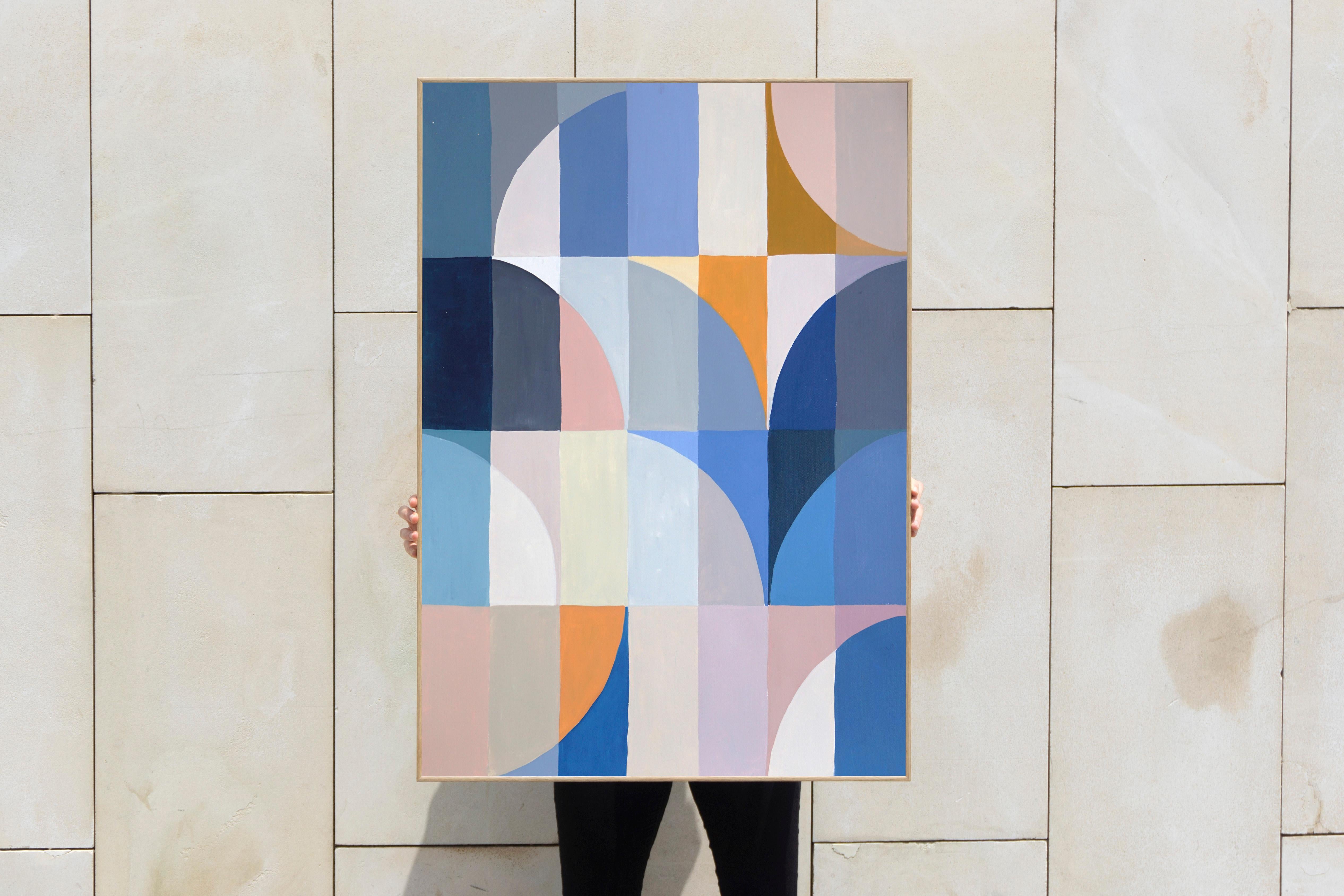 Mediterranean Winter Lights, Blue and Yellow Geometric Bauhaus Landscape, Paper - Painting by Natalia Roman