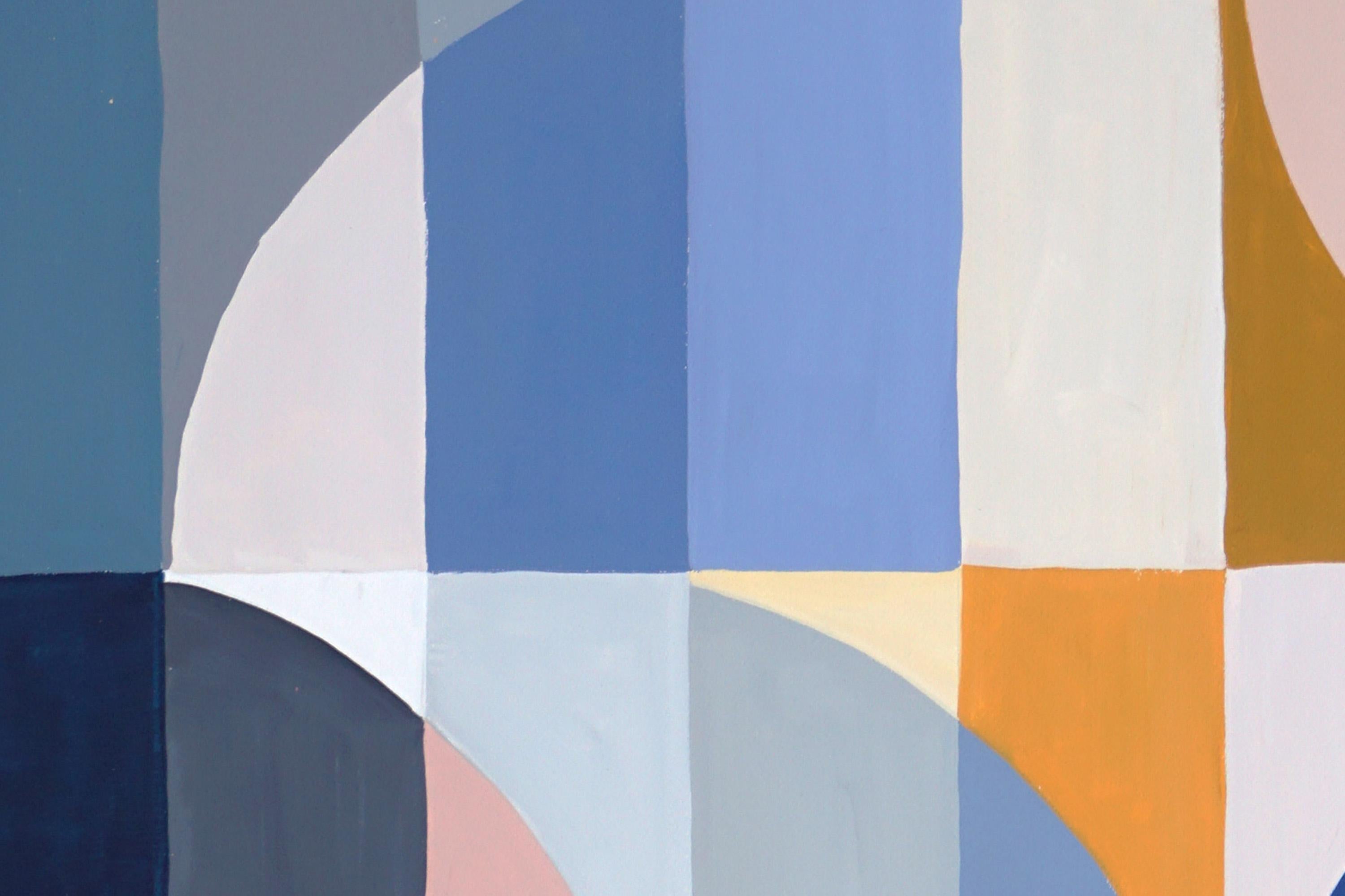 Mediterranean Winter Lights, Blue and Yellow Geometric Bauhaus Landscape, Paper - Analytic Cubist Painting by Natalia Roman