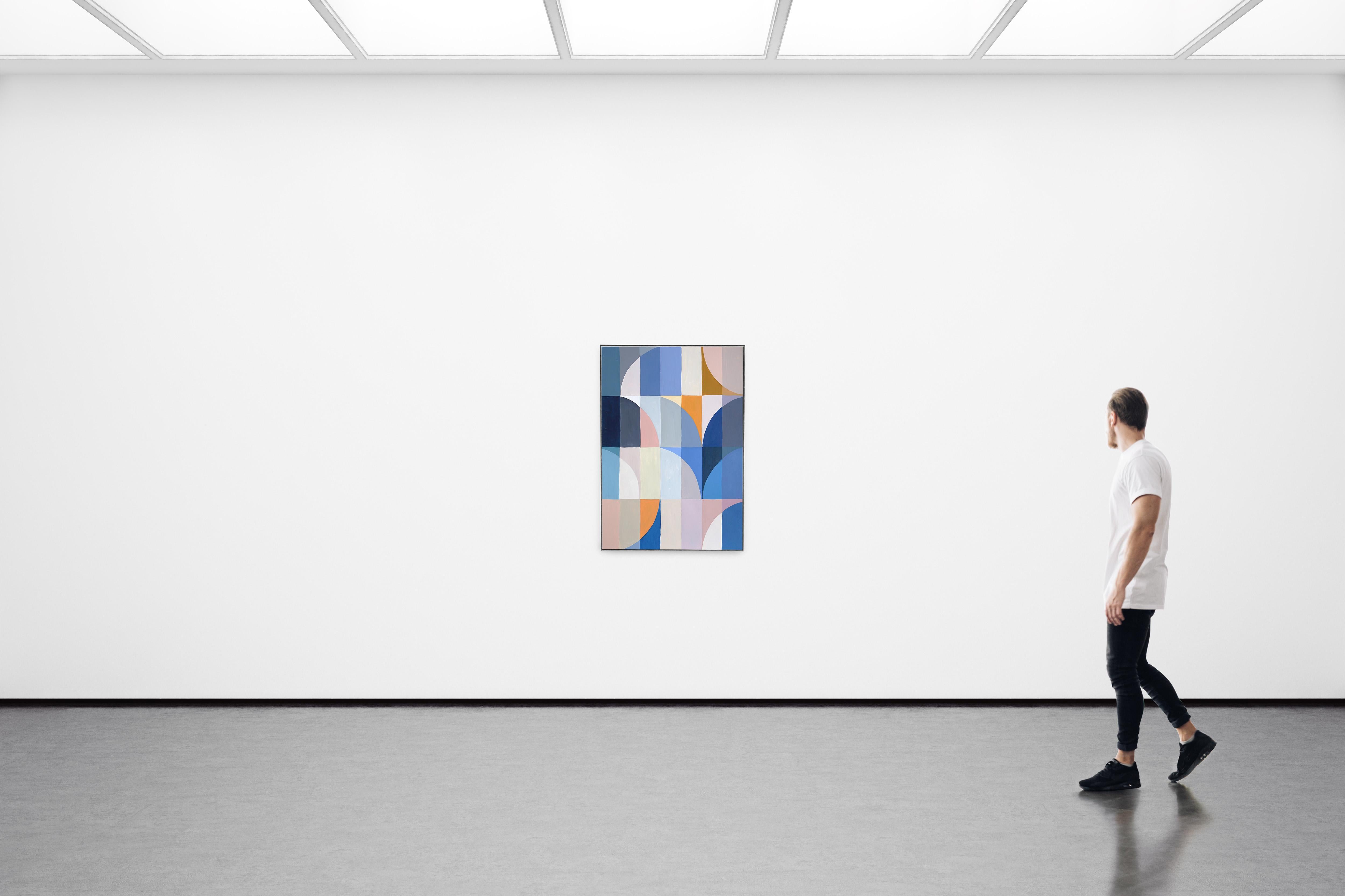 Mediterranean Winter Lights, Blue and Yellow Geometric Bauhaus Landscape, Paper - Gray Landscape Painting by Natalia Roman