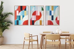 Melting City in Red, Bauhaus Geometric Triptych Grid, Abstract Landscape, Blue