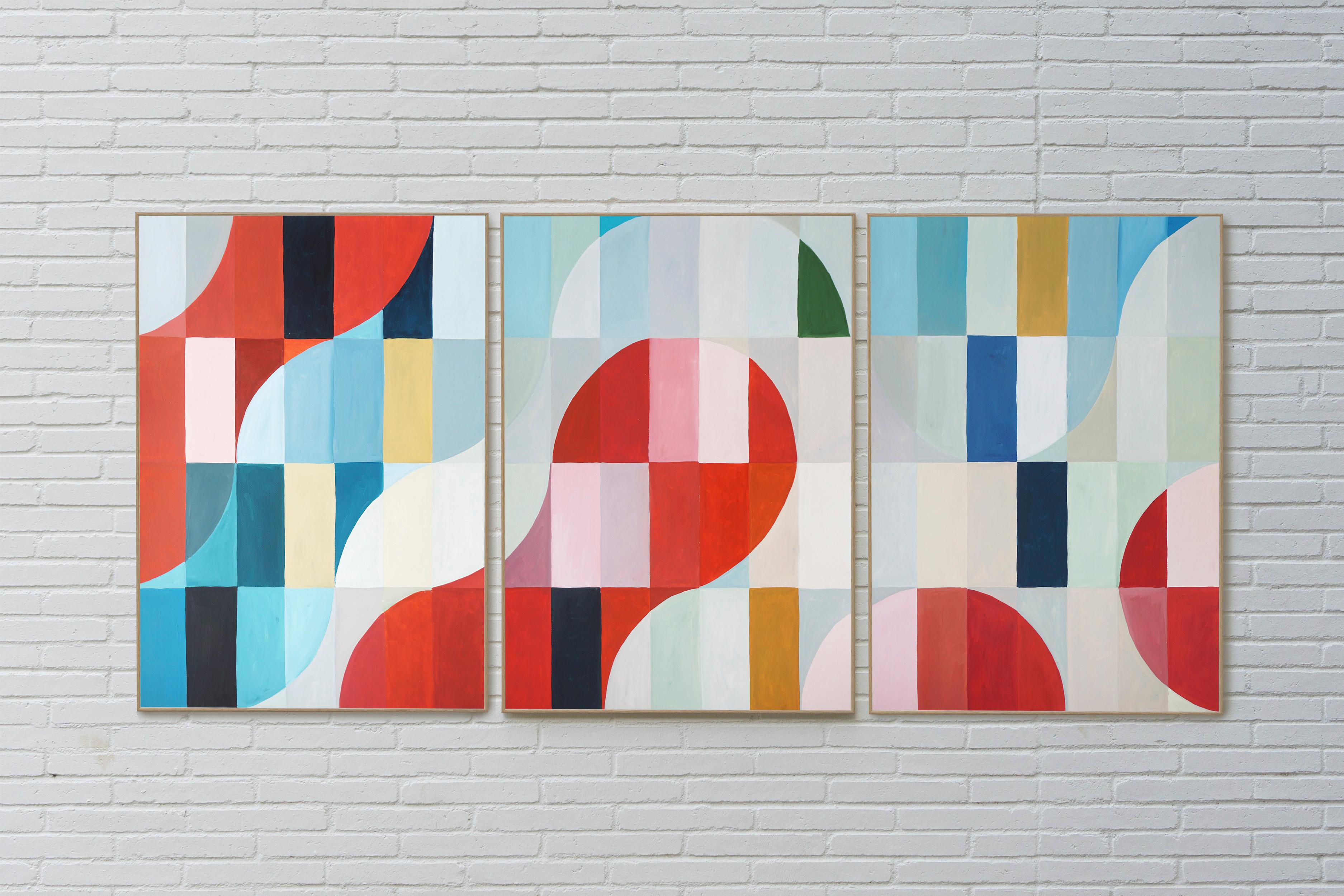 Melting City in Red, Bauhaus Geometrisches Triptychon Gitter, Abstrakte Landschaft, Blau (Geometrische Abstraktion), Painting, von Natalia Roman
