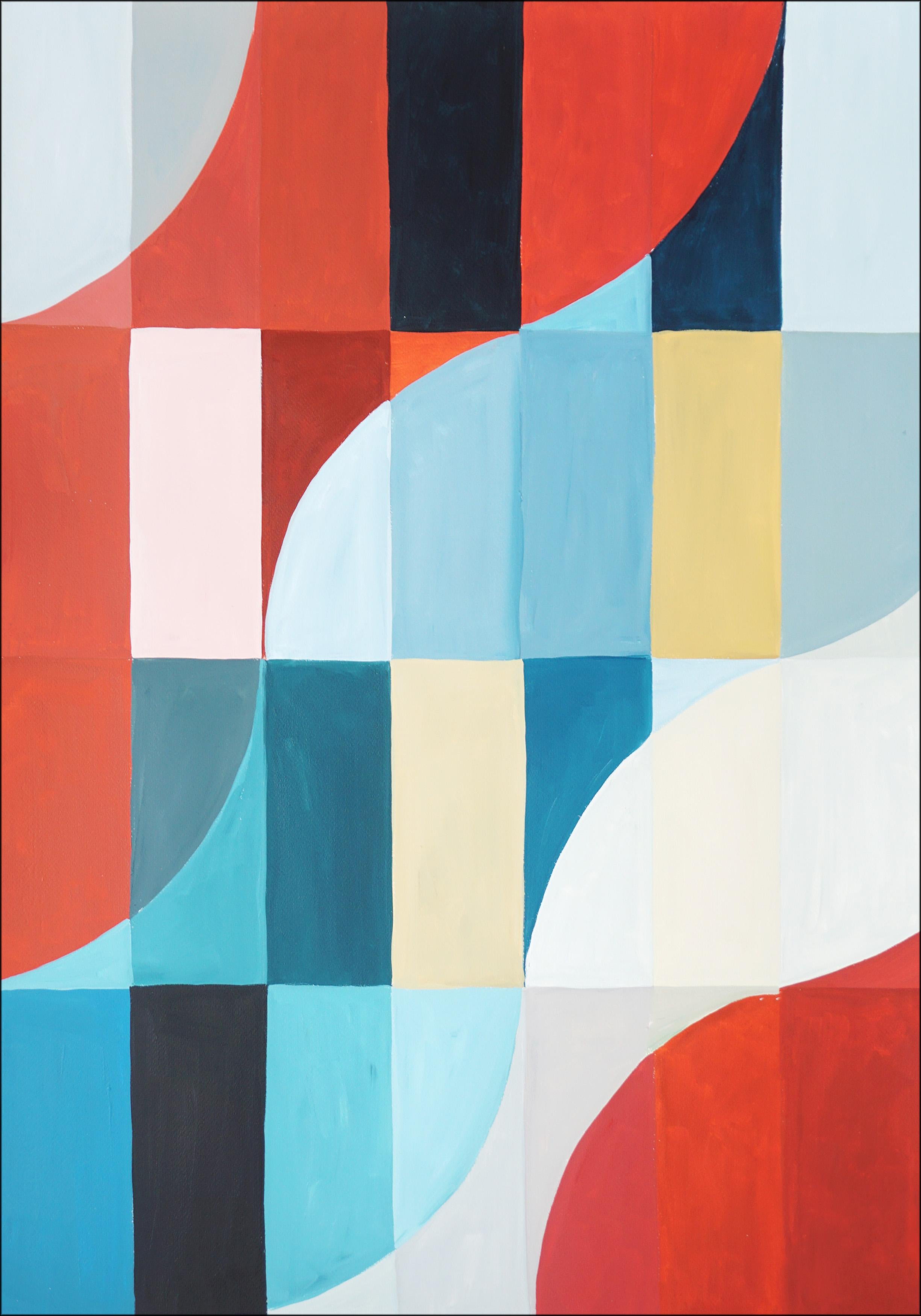 Cette peinture acrylique géométrique abstraite est une composition vibrante et ludique qui s'inspire des parasols italiens vintage. En mettant l'accent sur des couleurs vives et audacieuses et des lignes épurées, le tableau présente des formes et