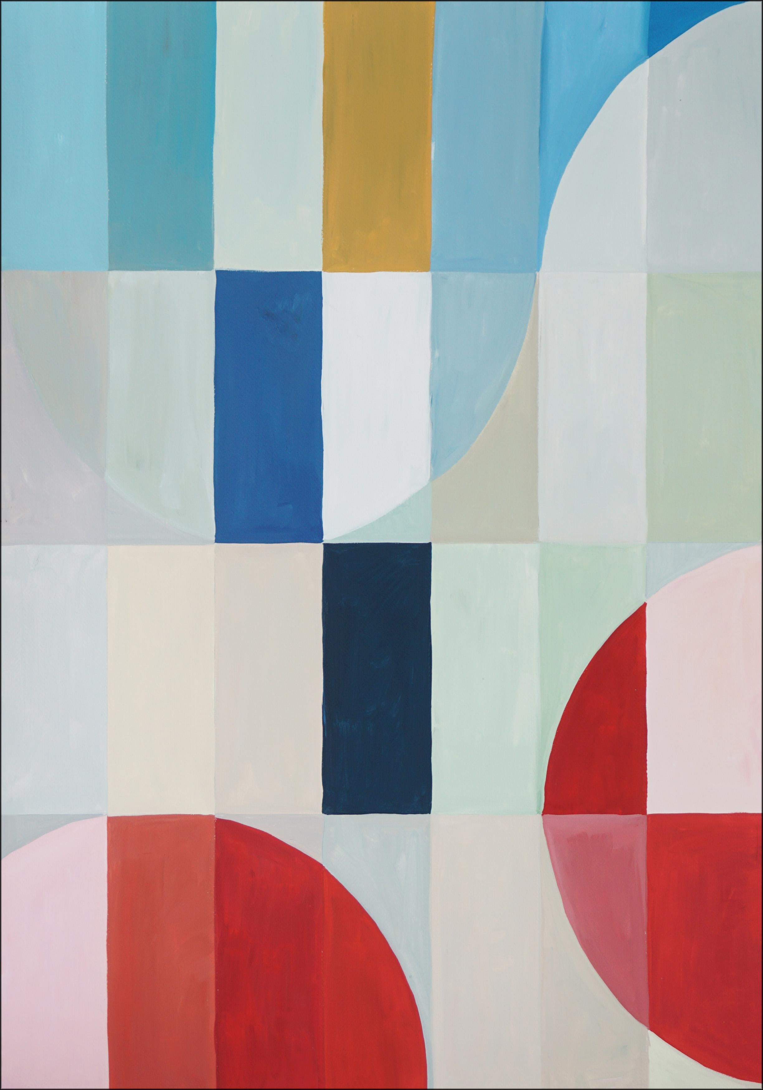 Gris triptyque géométrique Bauhaus Melting City in Red, paysage abstrait, bleu en vente 2