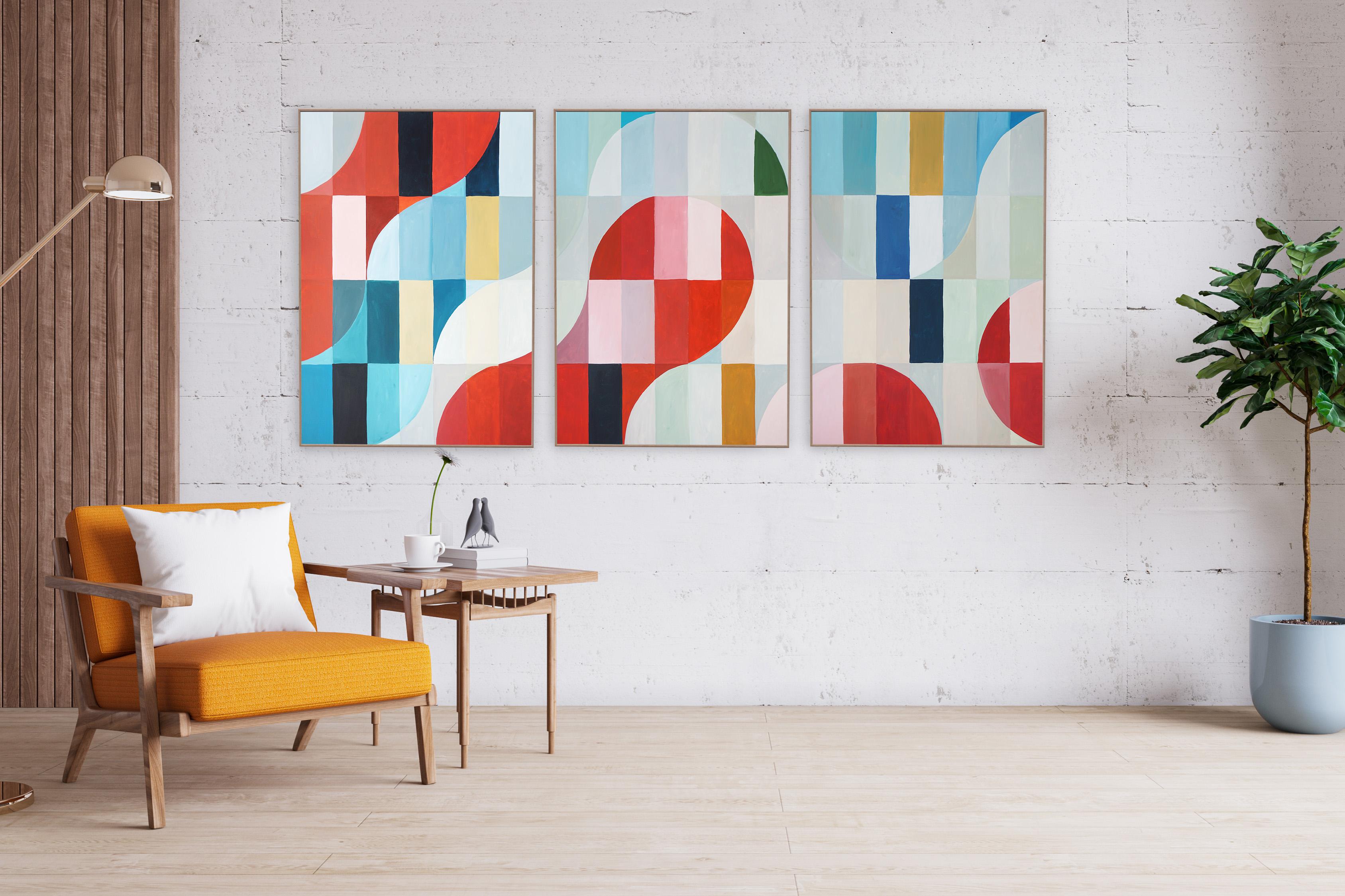 Melting City in Red, Bauhaus Geometric Triptych Grid, Abstract Landscape, Blue For Sale 3