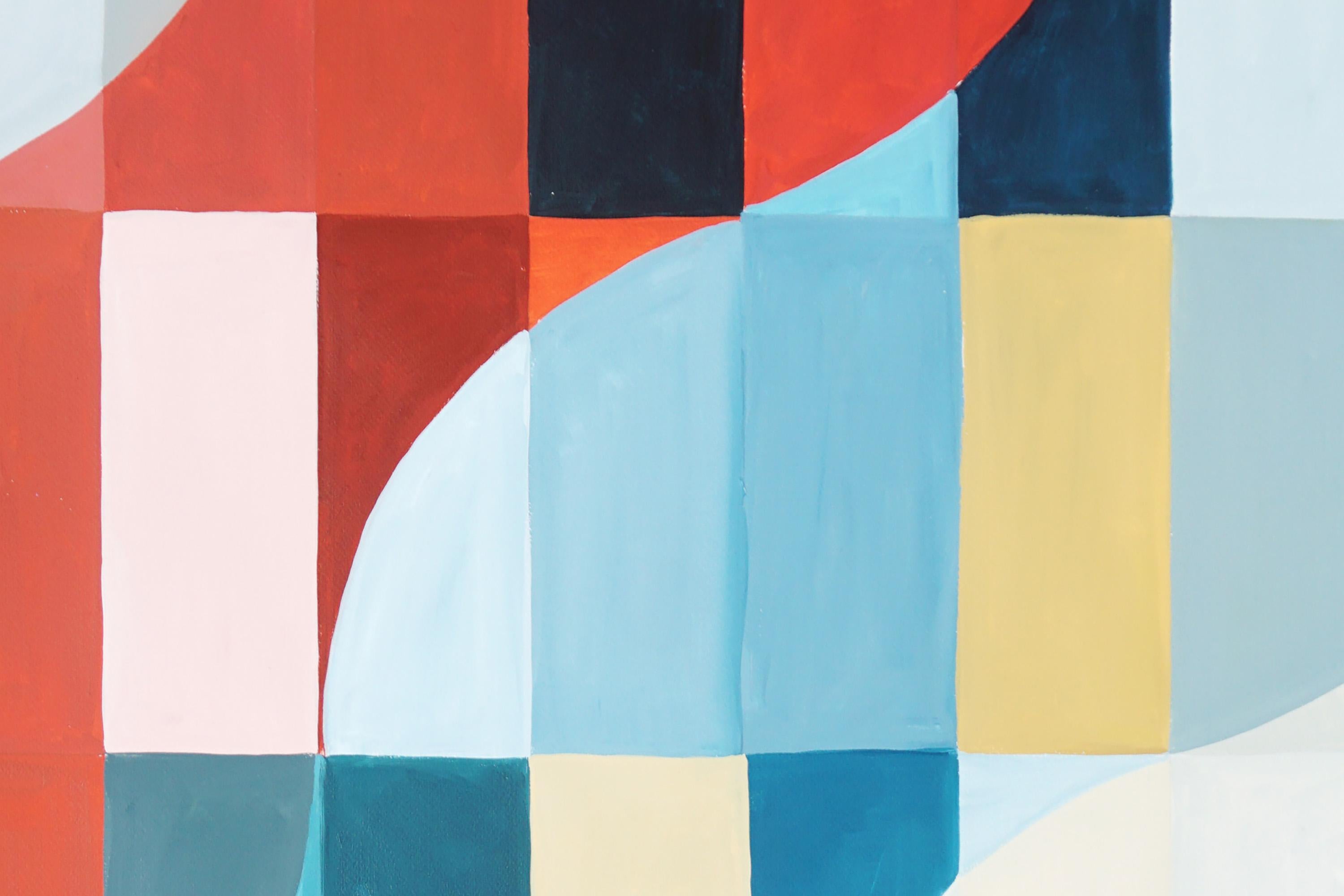 Gris triptyque géométrique Bauhaus Melting City in Red, paysage abstrait, bleu en vente 4
