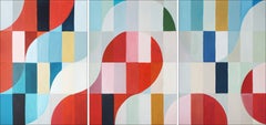 Melting City in Red, Bauhaus Geometrisches Triptychon Gitter, Abstrakte Landschaft, Blau