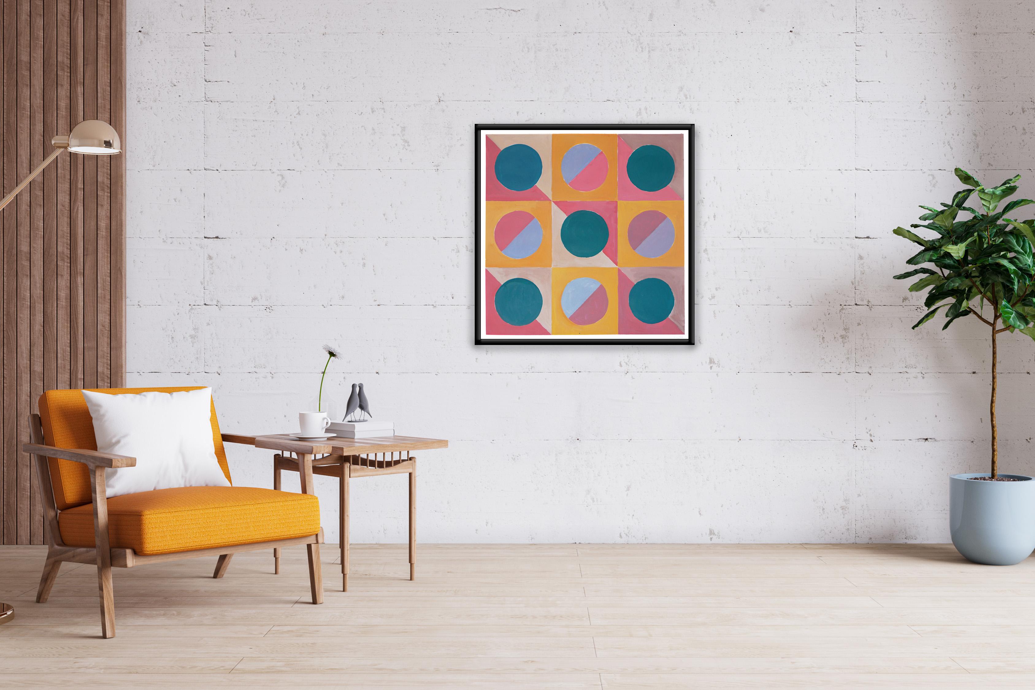 Miami Fifties Tiles, Pastel Yellow, Pink & Green, Square Circles Bauhaus Pattern - Painting by Natalia Roman