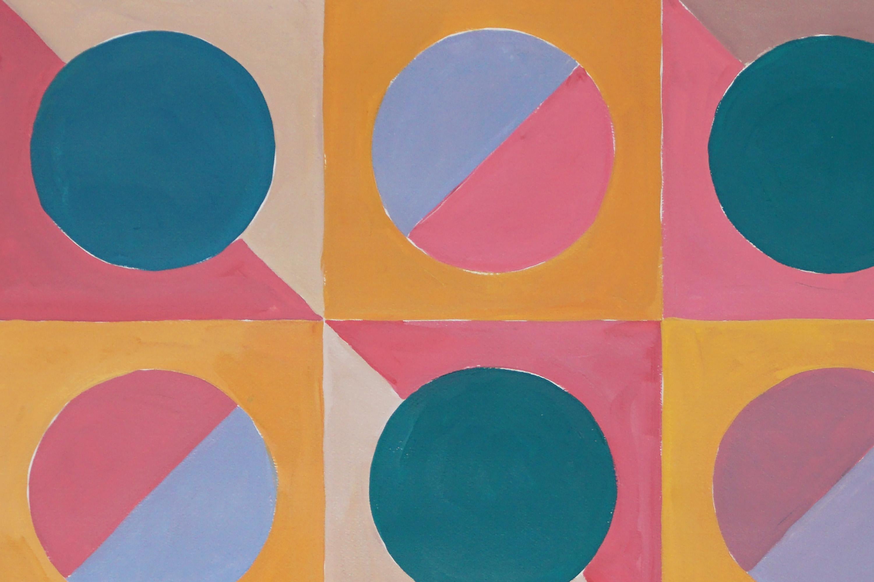 Miami Fifties Tiles, Pastel Yellow, Pink & Green, Square Circles Bauhaus Pattern - Constructivist Painting by Natalia Roman