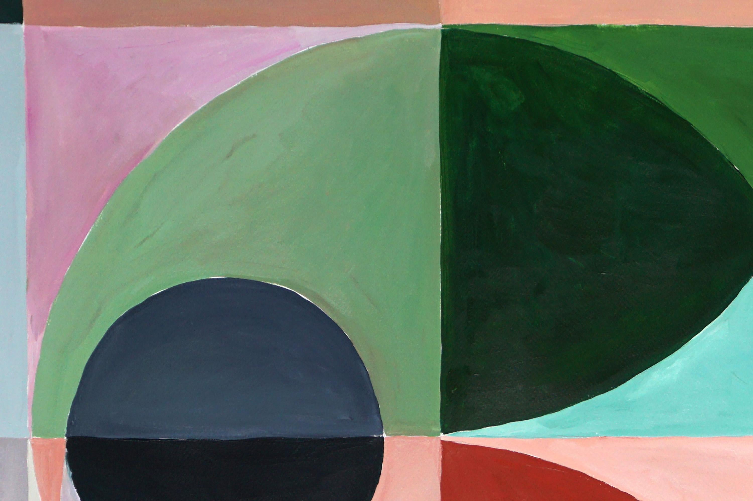Peinture microscopique mate, carrée, astronomie, mathématique, cercle vert, rouge - Géométrique abstrait Painting par Natalia Roman