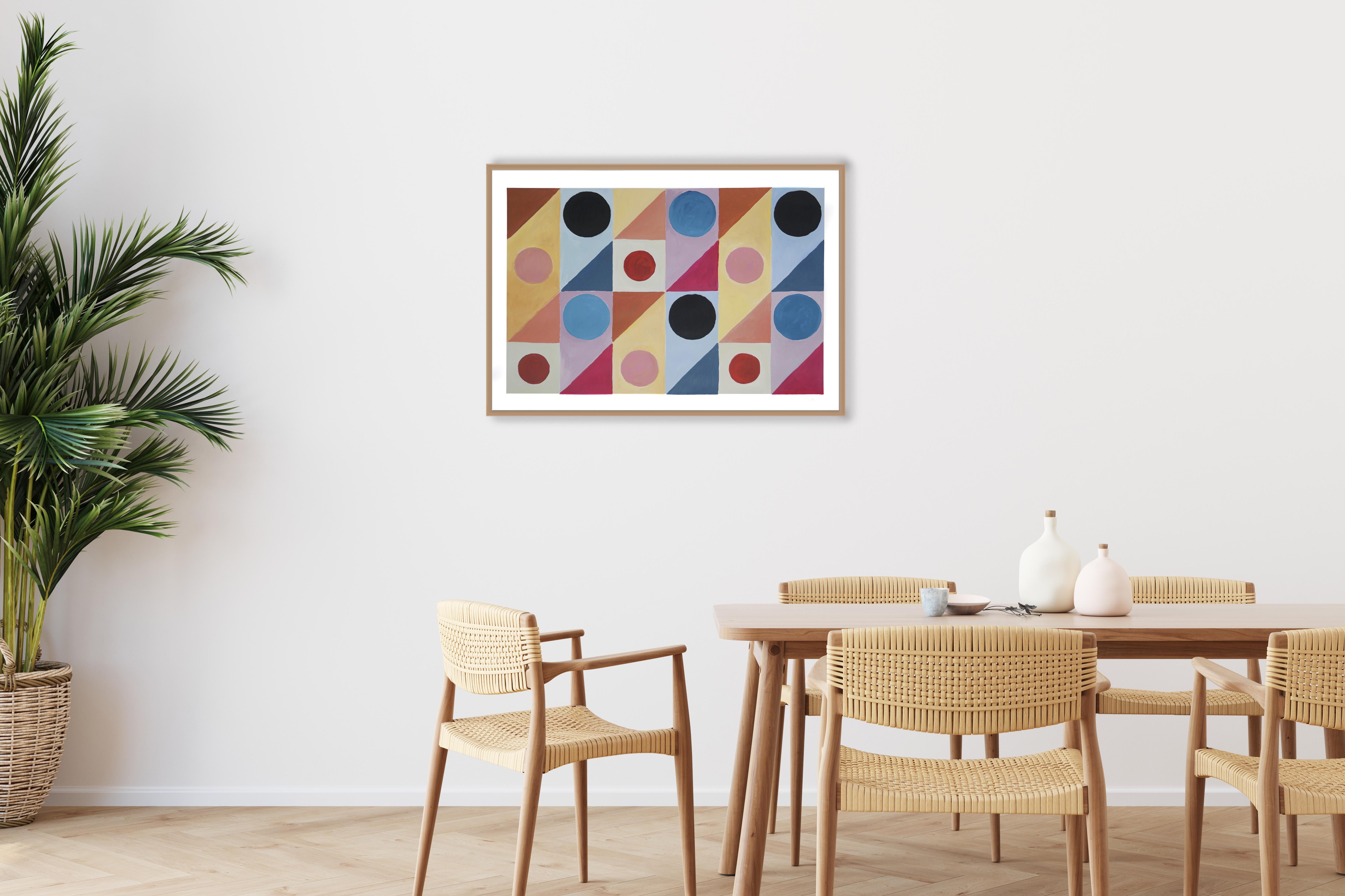 Mid-Tone Diagonal Transparency, Geometric Patchwork, Pink, Purple, Black Circles - Painting by Natalia Roman