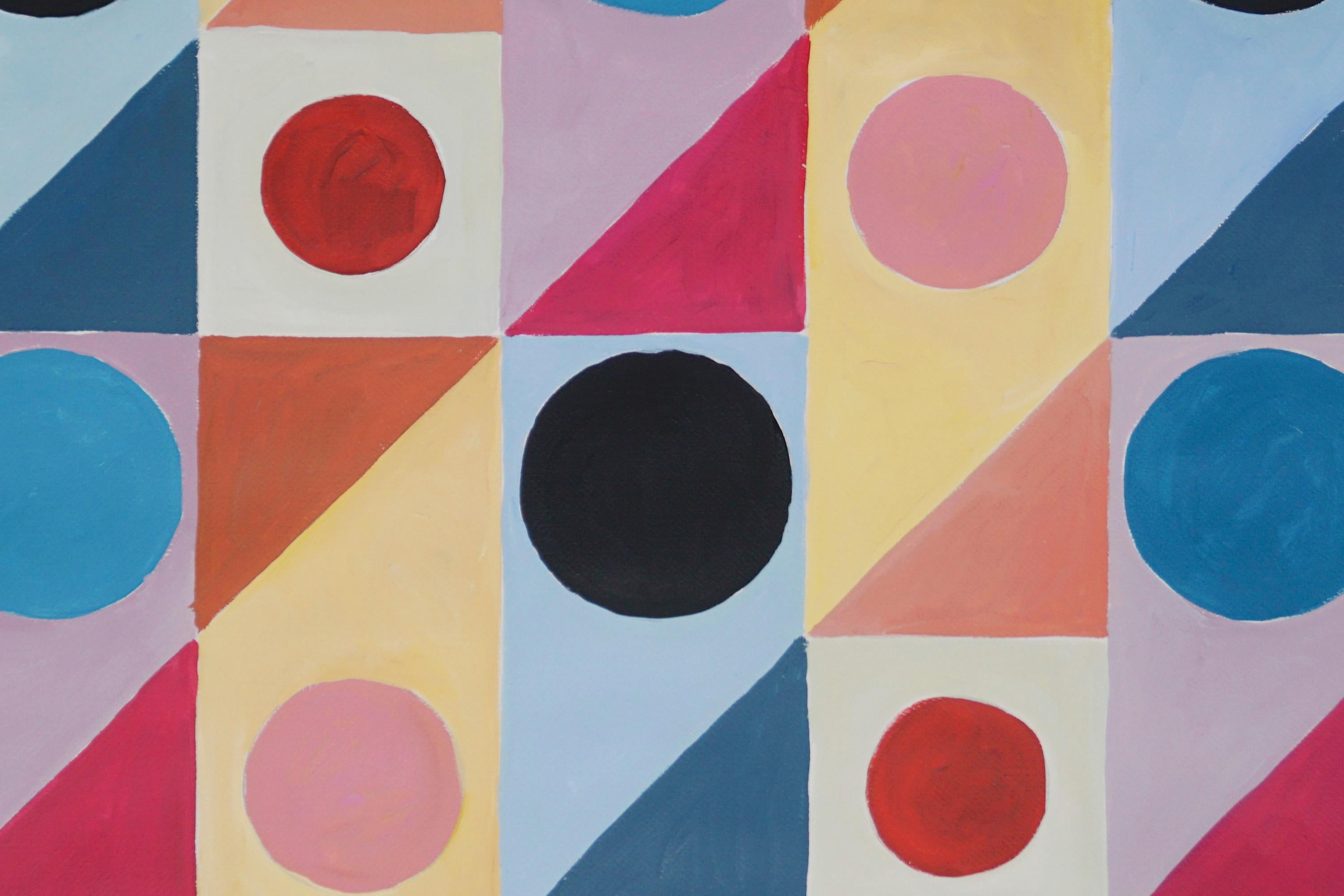 Transparence diagonale Mid-Tone, patchwork géométrique, rose, violet, cercles noirs - Marron Landscape Painting par Natalia Roman