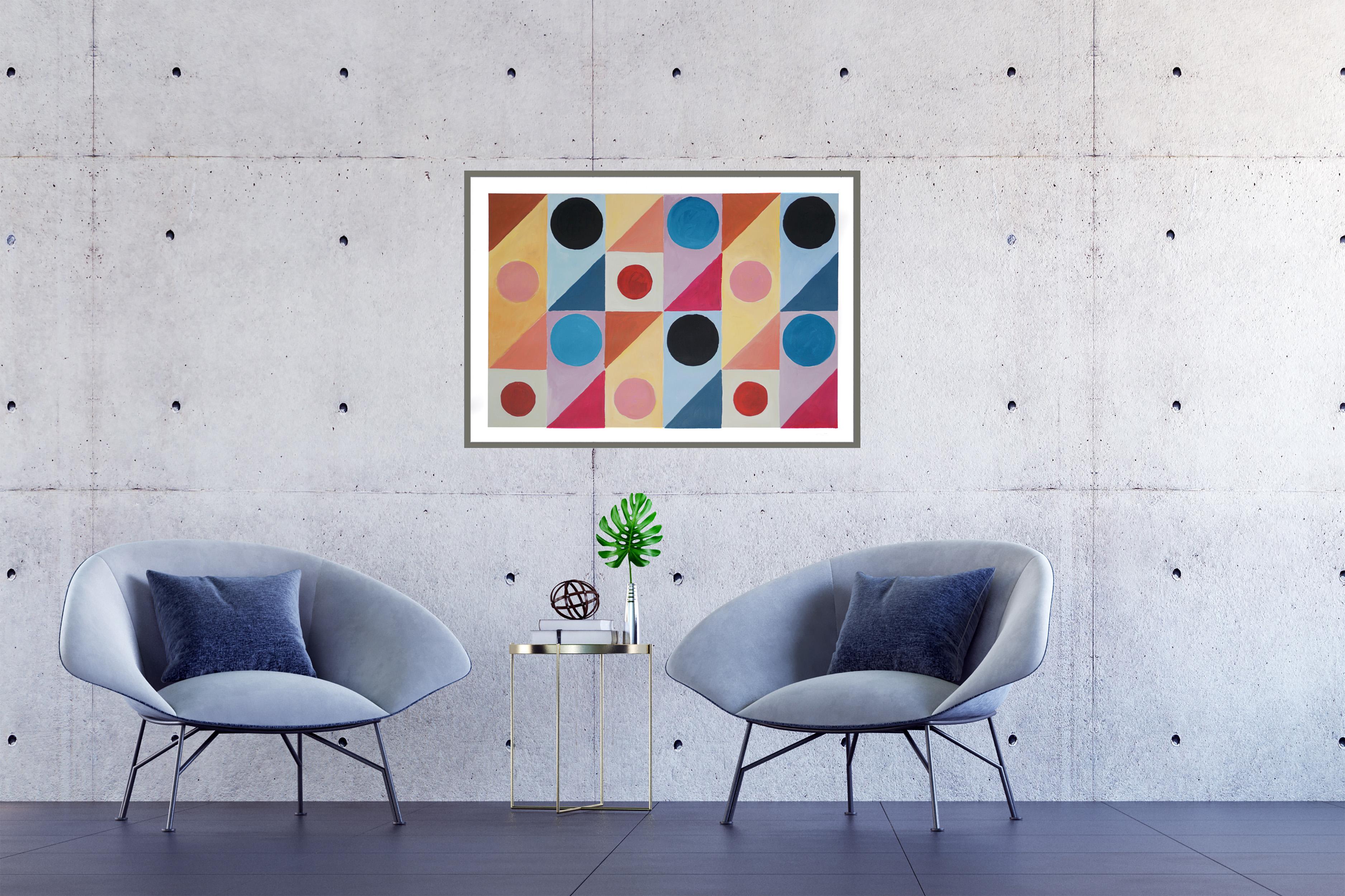 Cette série de peintures de Natalia Roman s'inspire des formes géométriques et minimalistes et des peintures du début du modernisme, avec un accent particulier sur les formes Art déco des années 30, 40 et 50. Les combinaisons de couleurs subtiles
