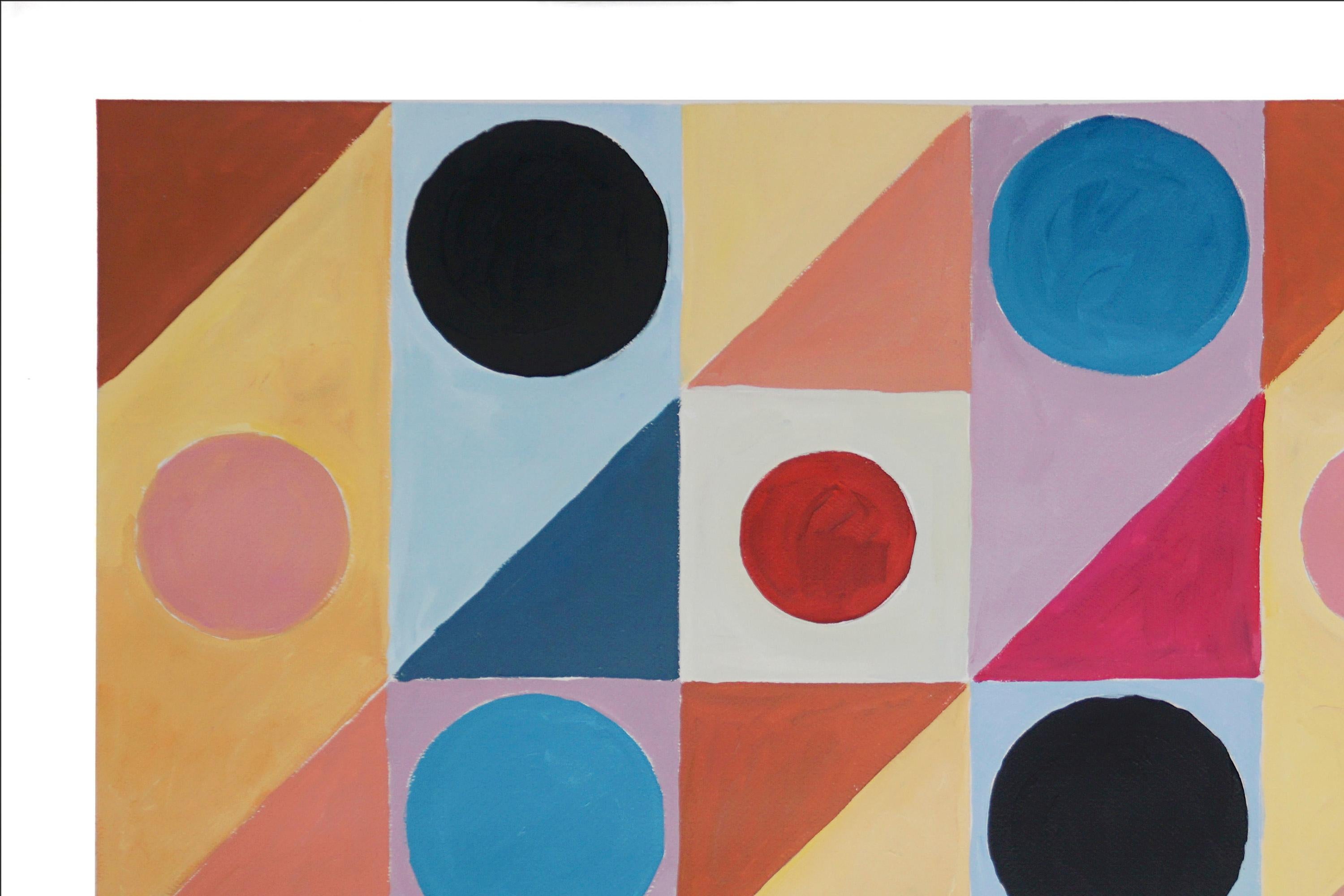 Mid-Tone Diagonal Transparency, Geometric Patchwork, Pink, Purple, Black Circles - Abstract Geometric Painting by Natalia Roman