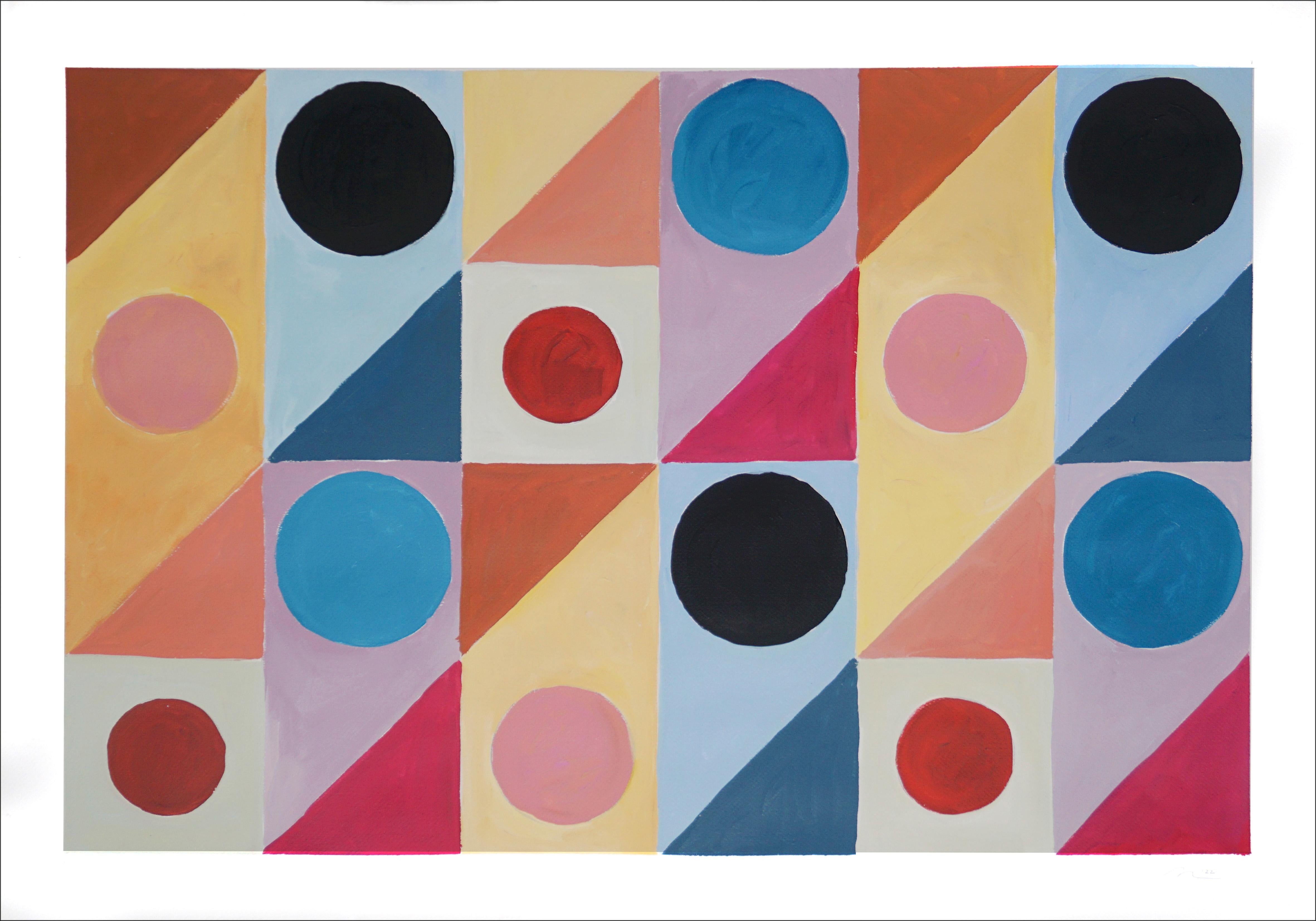 Natalia Roman Landscape Painting - Mid-Tone Diagonal Transparency, Geometric Patchwork, Pink, Purple, Black Circles
