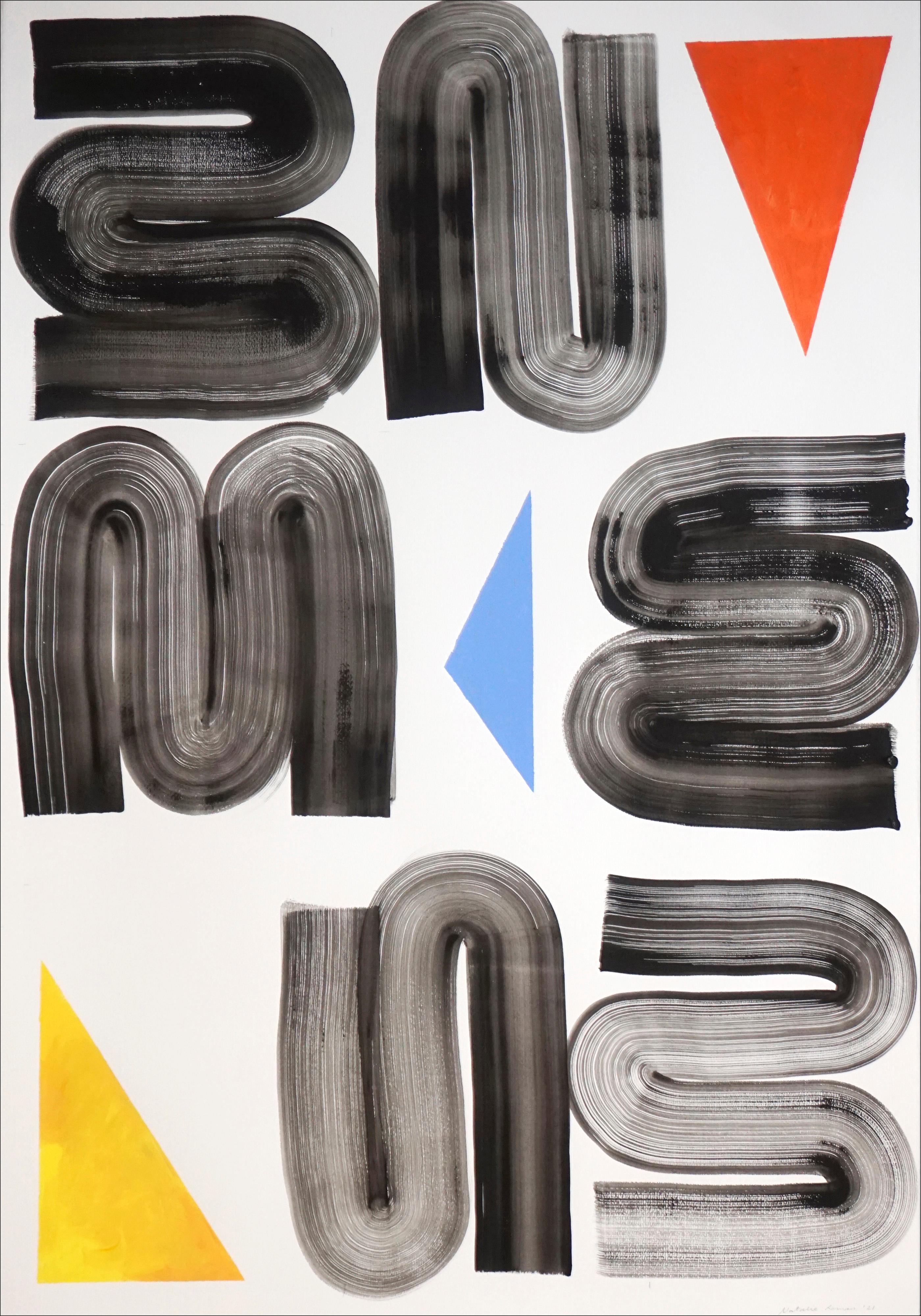 Minimalistisches minimalistisches Gemälde mit einfachen geometrischen Formen in Primärtönen, weißer Hintergrund (Grau), Still-Life Painting, von Natalia Roman