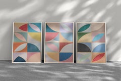 Modernist Floral Axis, Geometric Bauhaus Triptych, Stained Glass Tiles, Paper