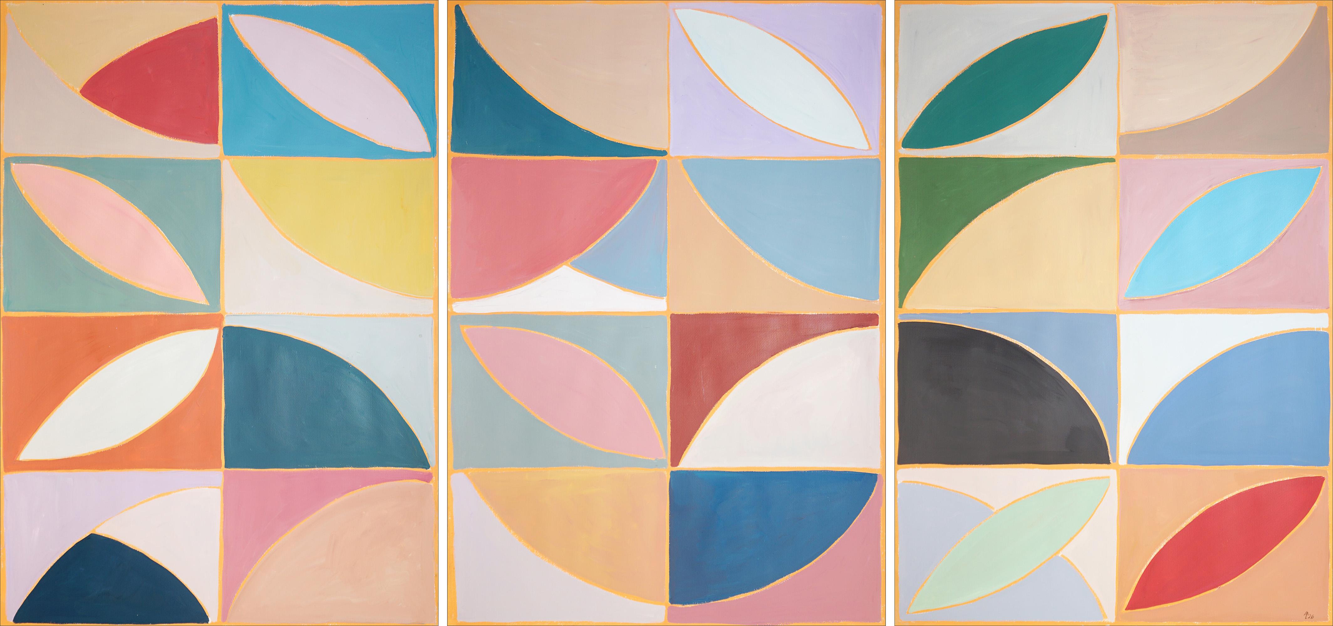 Eje floral modernista, tríptico geométrico de estilo Bauhaus, azulejos de vidriera, papel