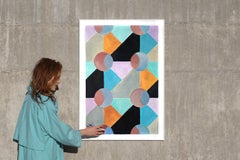 Modernistisches Glasfenster aus Glas, Kaltblau und Mauve-Pastell mit geometrischen Mustern, Surreal