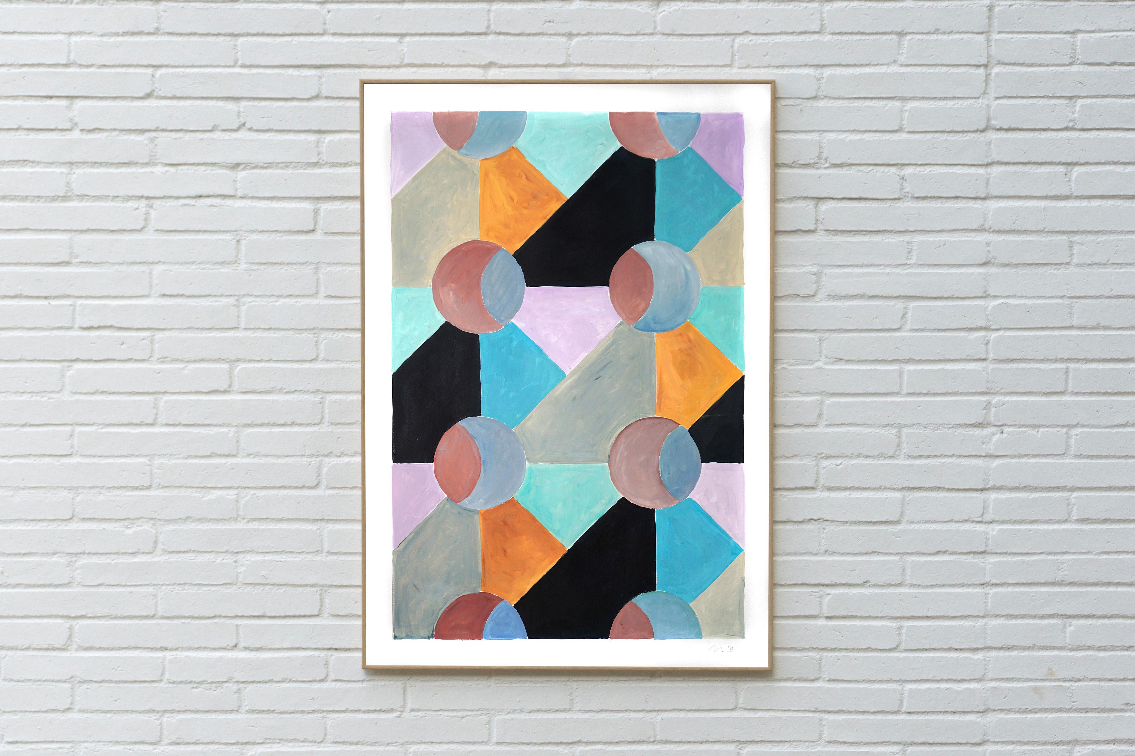 Vitrail moderniste, motifs géométriques bleu froid et mauve pastel, surréaliste - Géométrique abstrait Painting par Natalia Roman