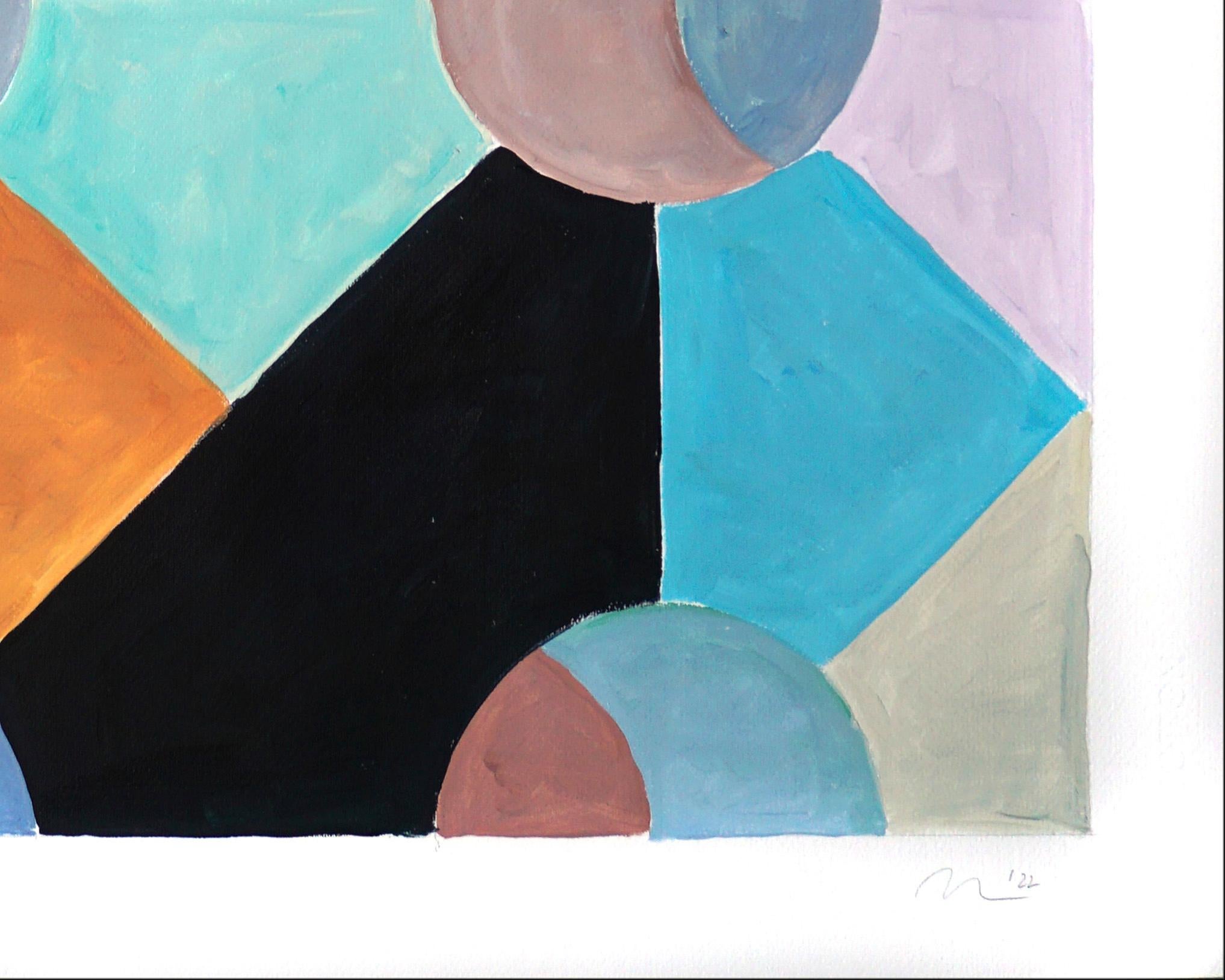Modernistisches Glasfenster aus Glas, Kaltblau und Mauve-Pastell mit geometrischen Mustern, Surreal (Violett), Abstract Painting, von Natalia Roman