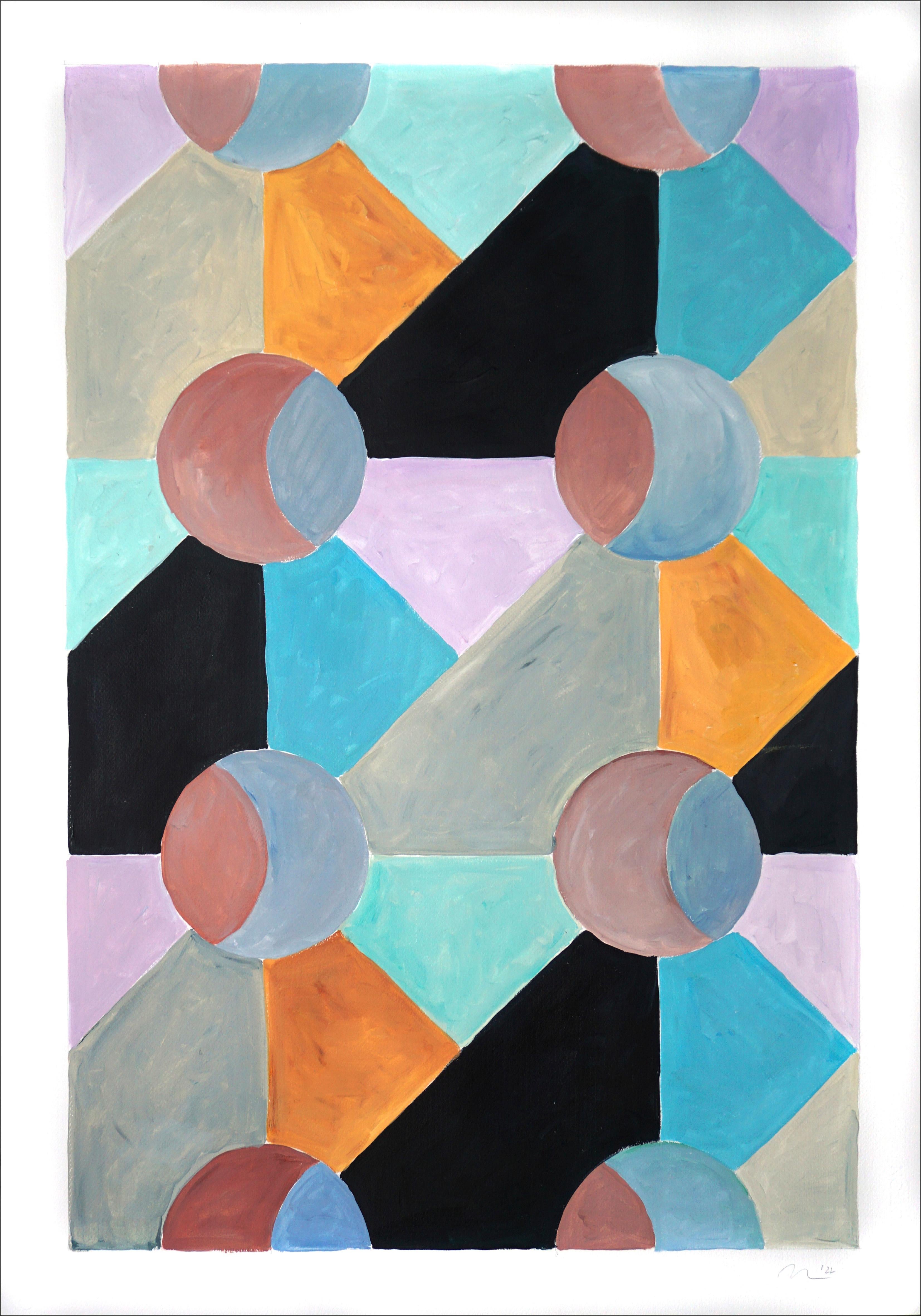 Natalia Roman Abstract Painting - Modernist Glass Window, Cold Blue and Mauve Pastel Geometric Patterns, Surreal