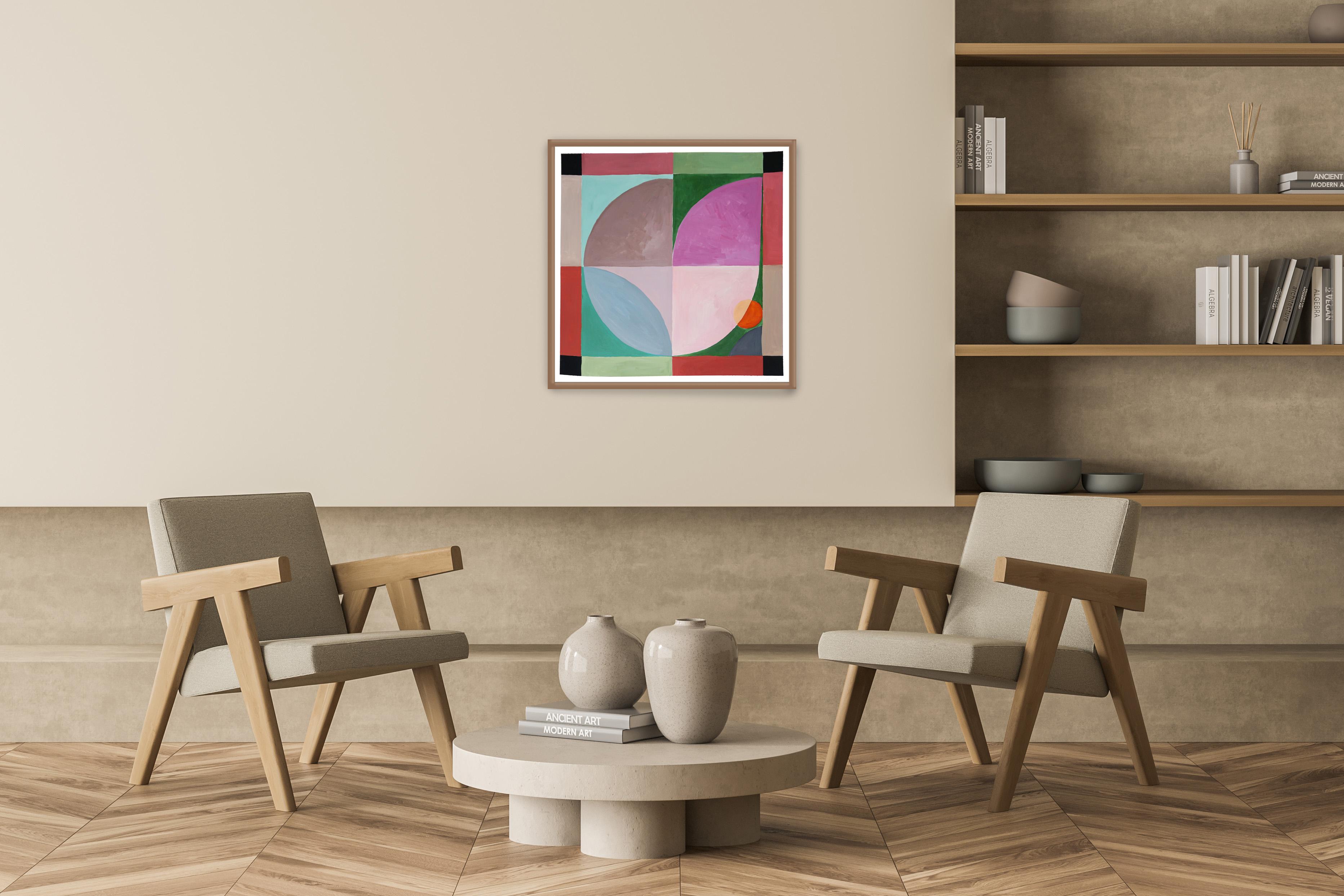 Modernist Tulip Garden, Mauve and Green Abstract Flowers, Geometric Botanic Tile - Abstract Geometric Painting by Natalia Roman