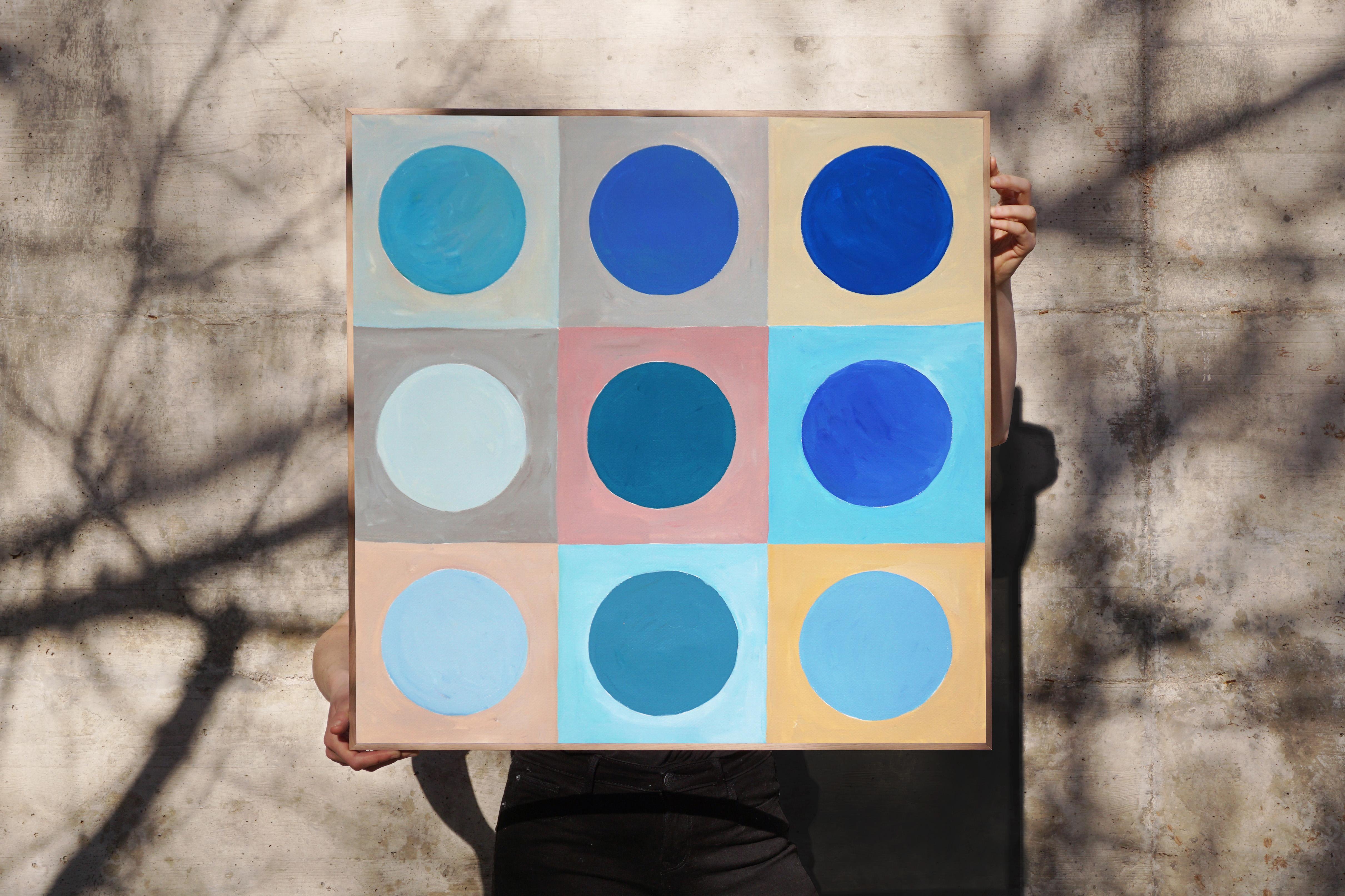 Moon in The Day Time Sky, Baby Blue, Gray, Pastel Tones, Checkers, Geometry Grid - Painting by Natalia Roman