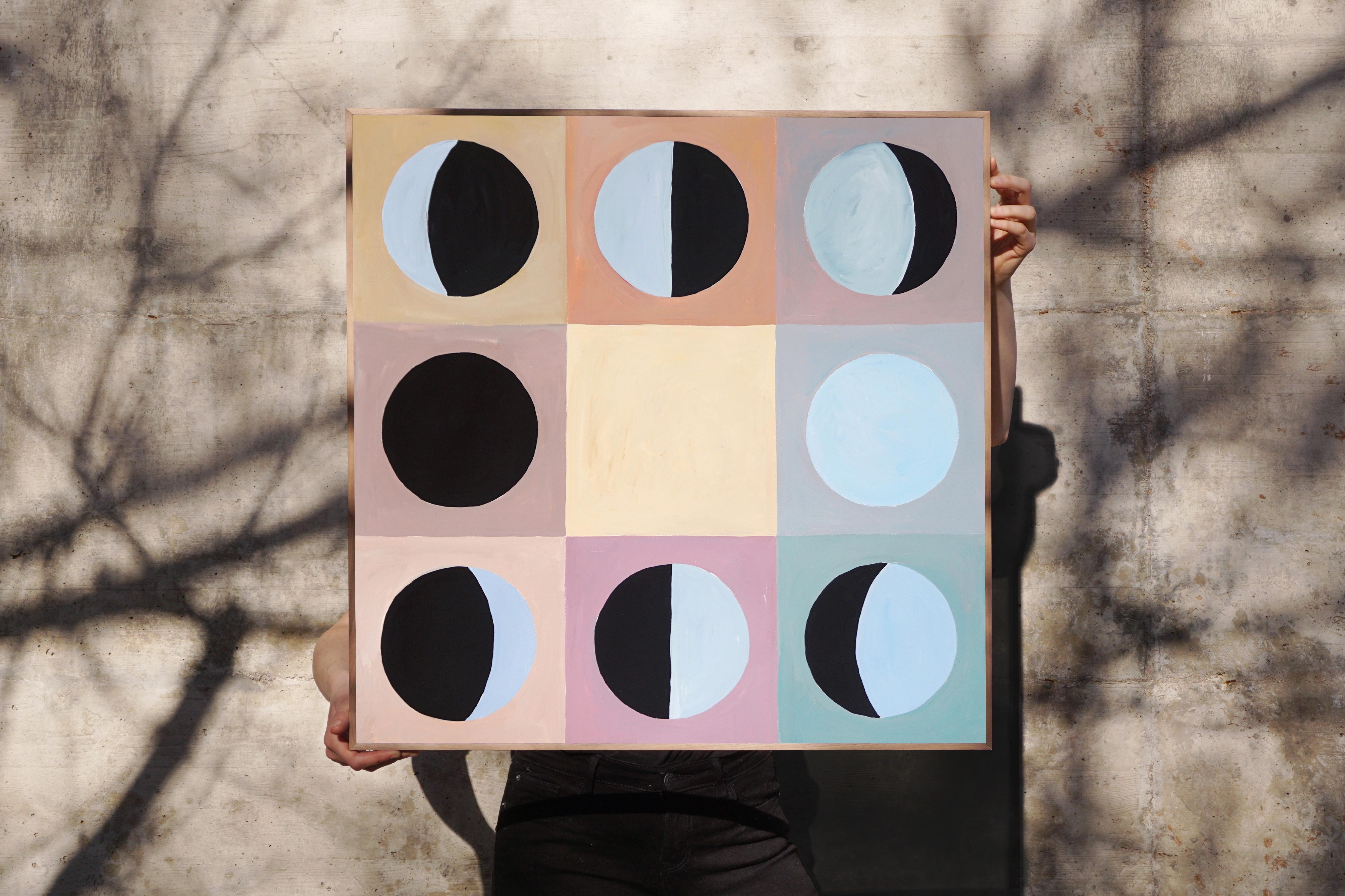 Moon Phase in Pastel Tones Checkers, Geometric Grid, Pink, Blue, Black Astronomy - Painting by Natalia Roman